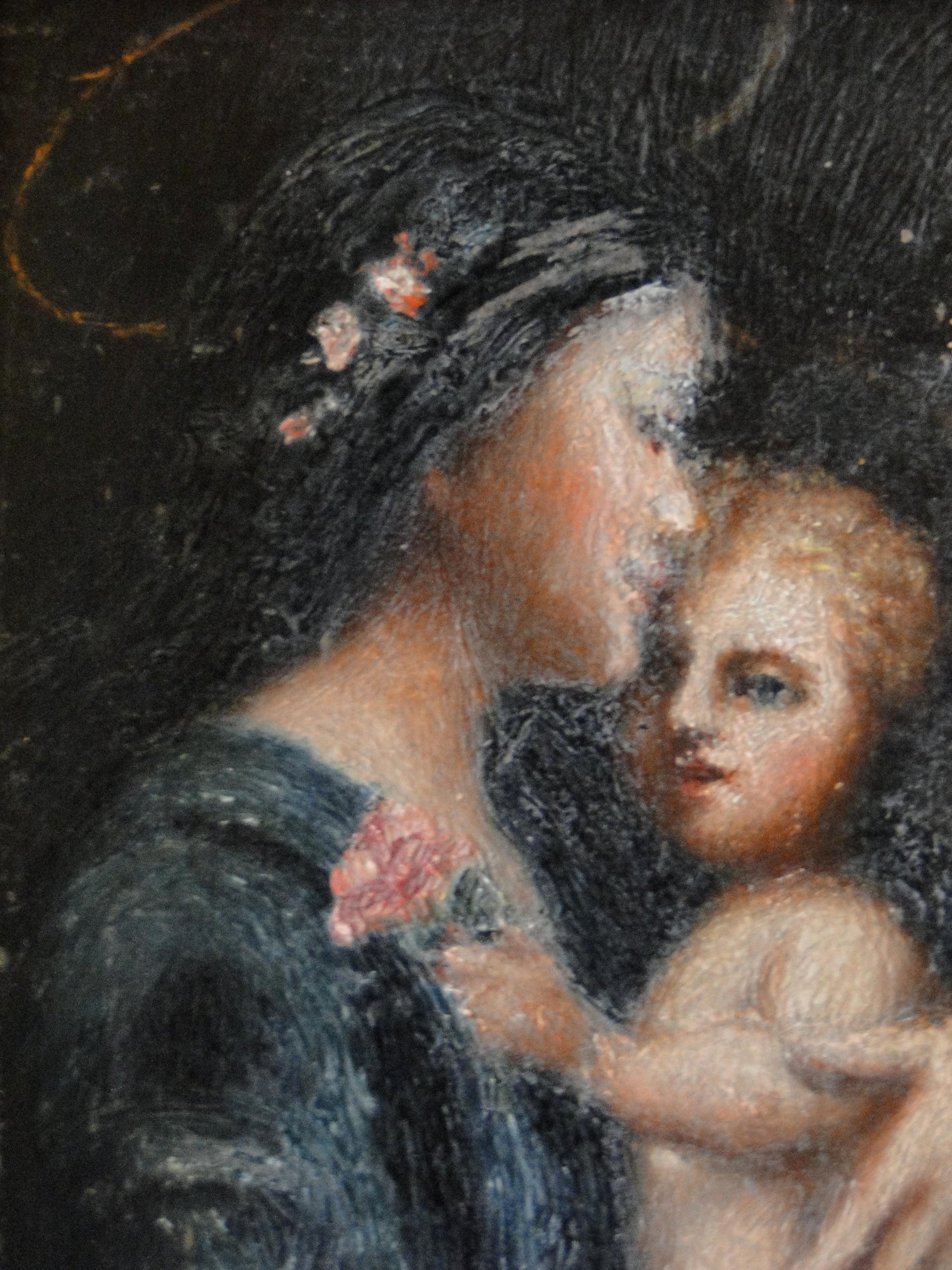 19th Century Oil Painting on Wood Panel Maria with Child with Gilded Frame In Good Condition For Sale In Sames, FR