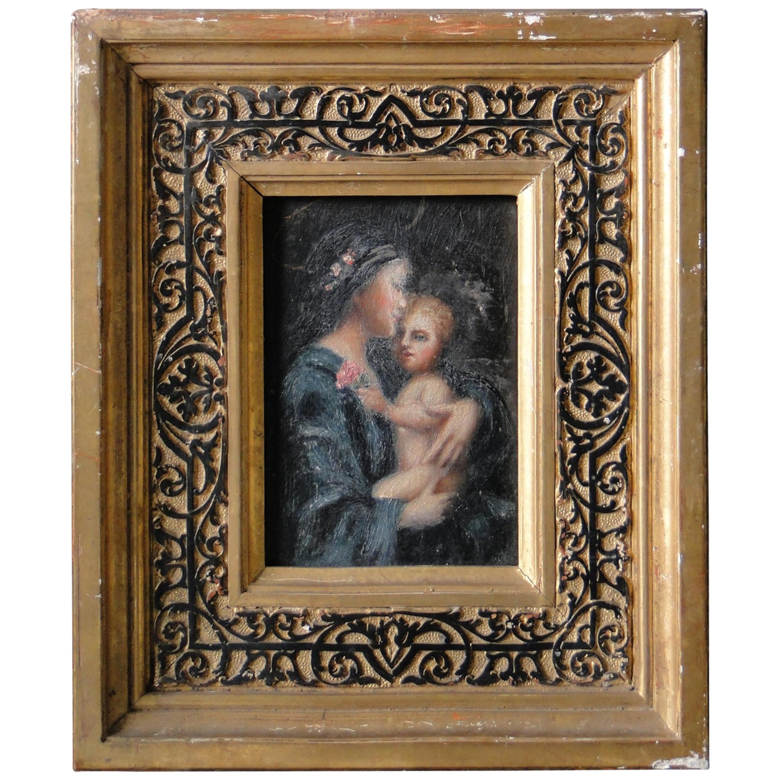 19th Century Oil Painting on Wood Panel Maria with Child with Gilded Frame For Sale