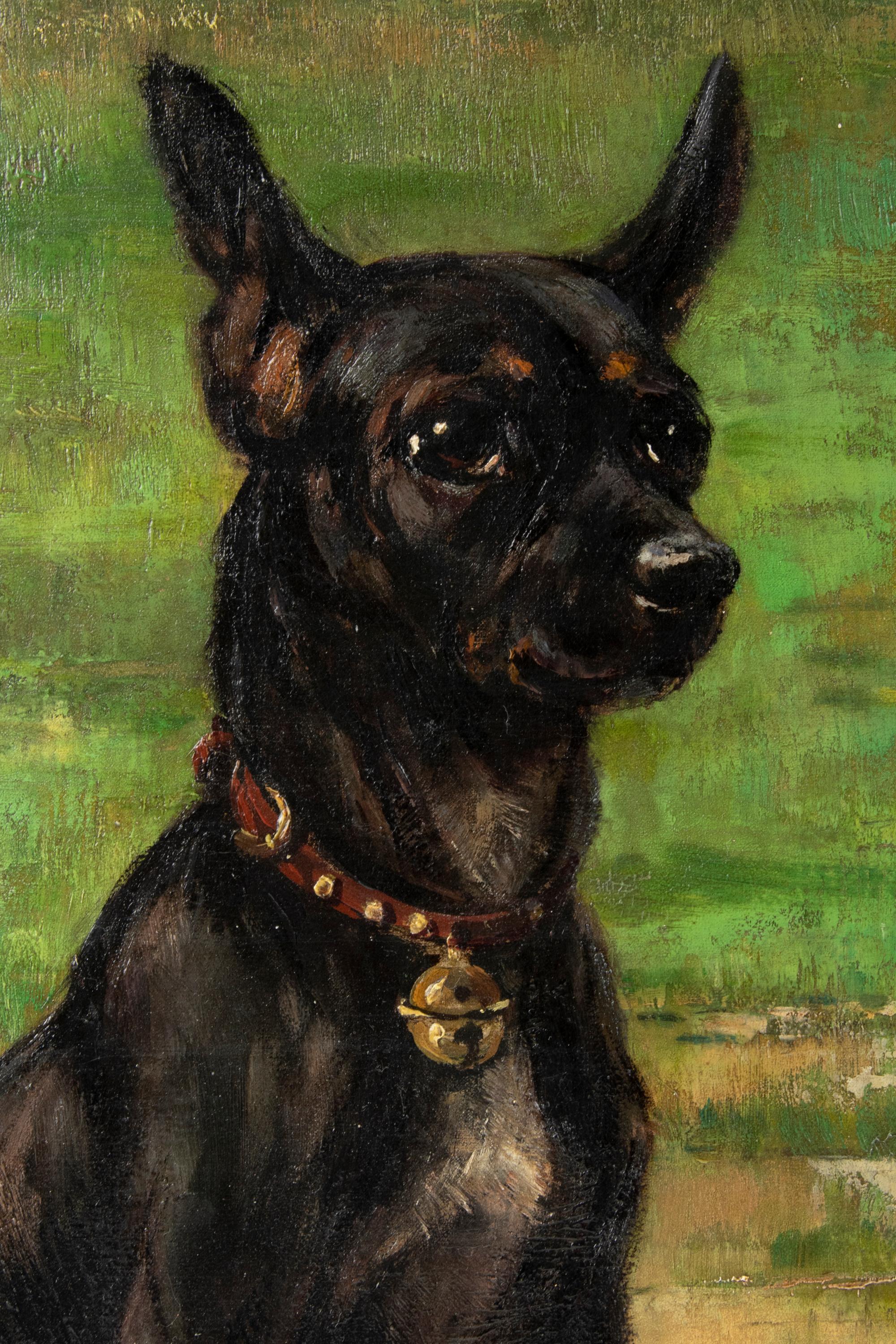 A Belgium antique oil painting of a pincher dog, Called 