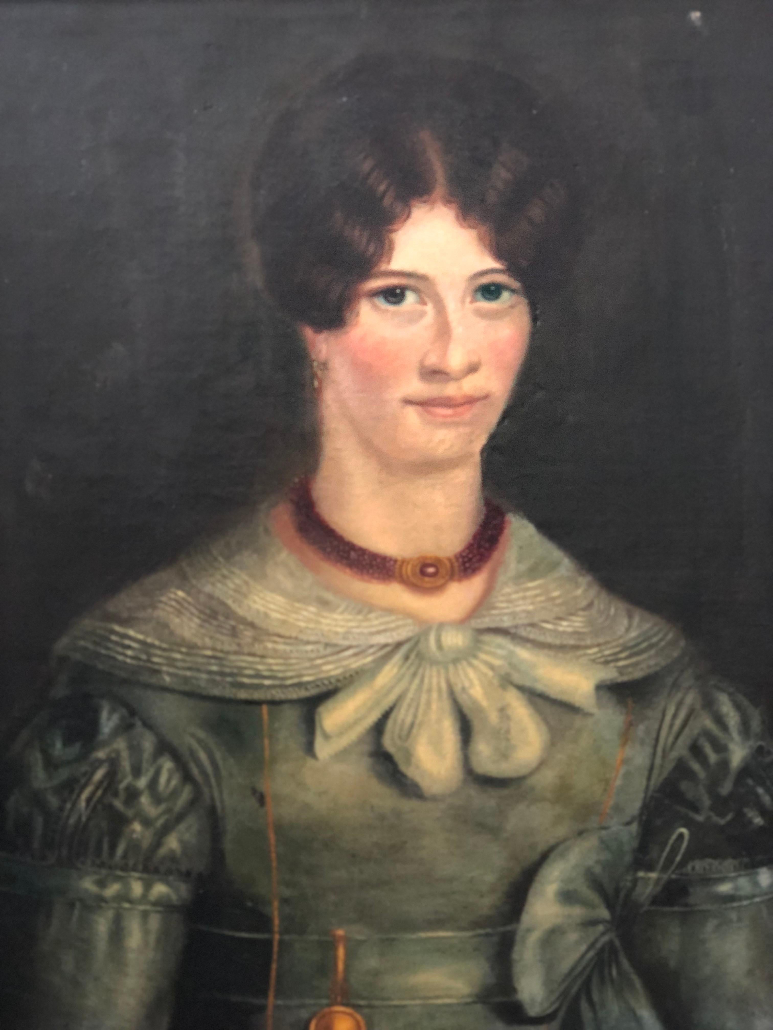A beautifully detailed painted portrait of a prominent woman from the 19th century. Painted on a canvas which is reinforced at the back with a new canvas. The technique; doubling which was used often in the early days. The canvas and the gilded