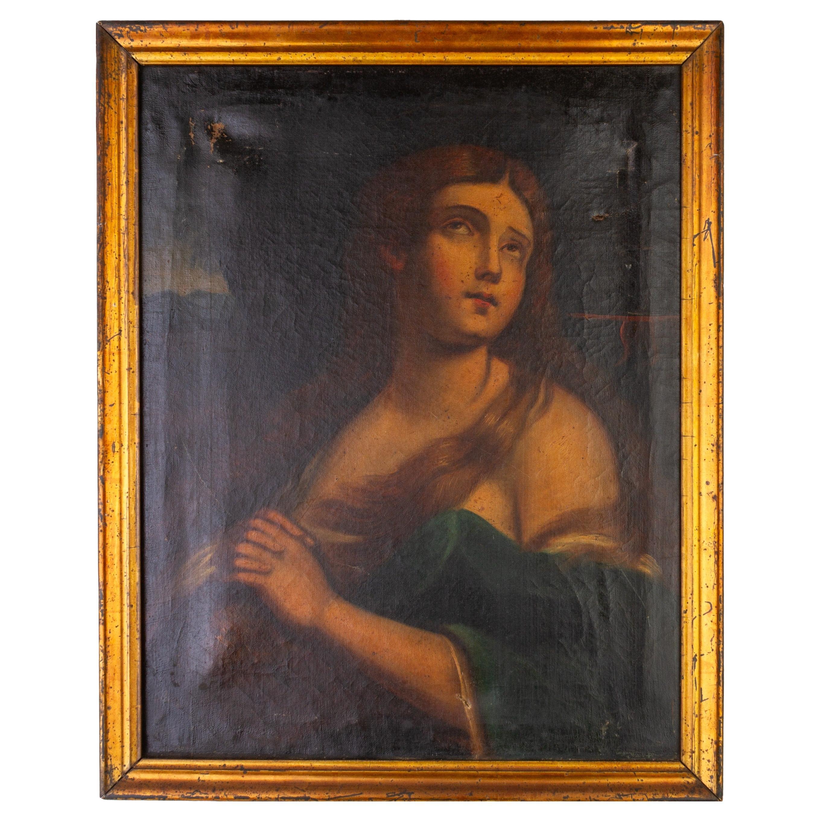 Peinture à l'huile du 19e siècle Portrait de la Madeleine pénitente 