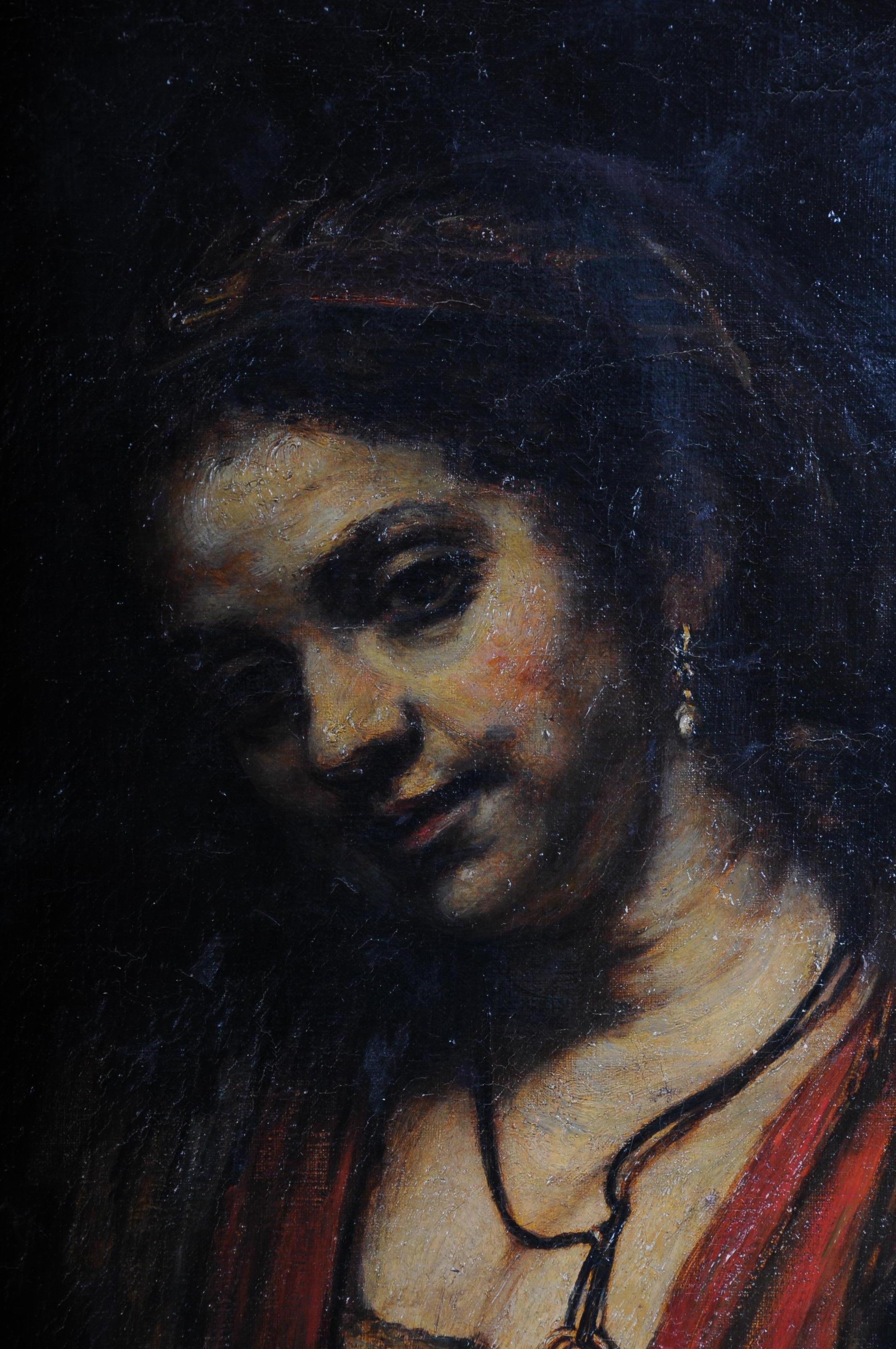 19th Century Oil Painting Rembrandt & H. van Rijn, Young Woman Open Neckline For Sale 3