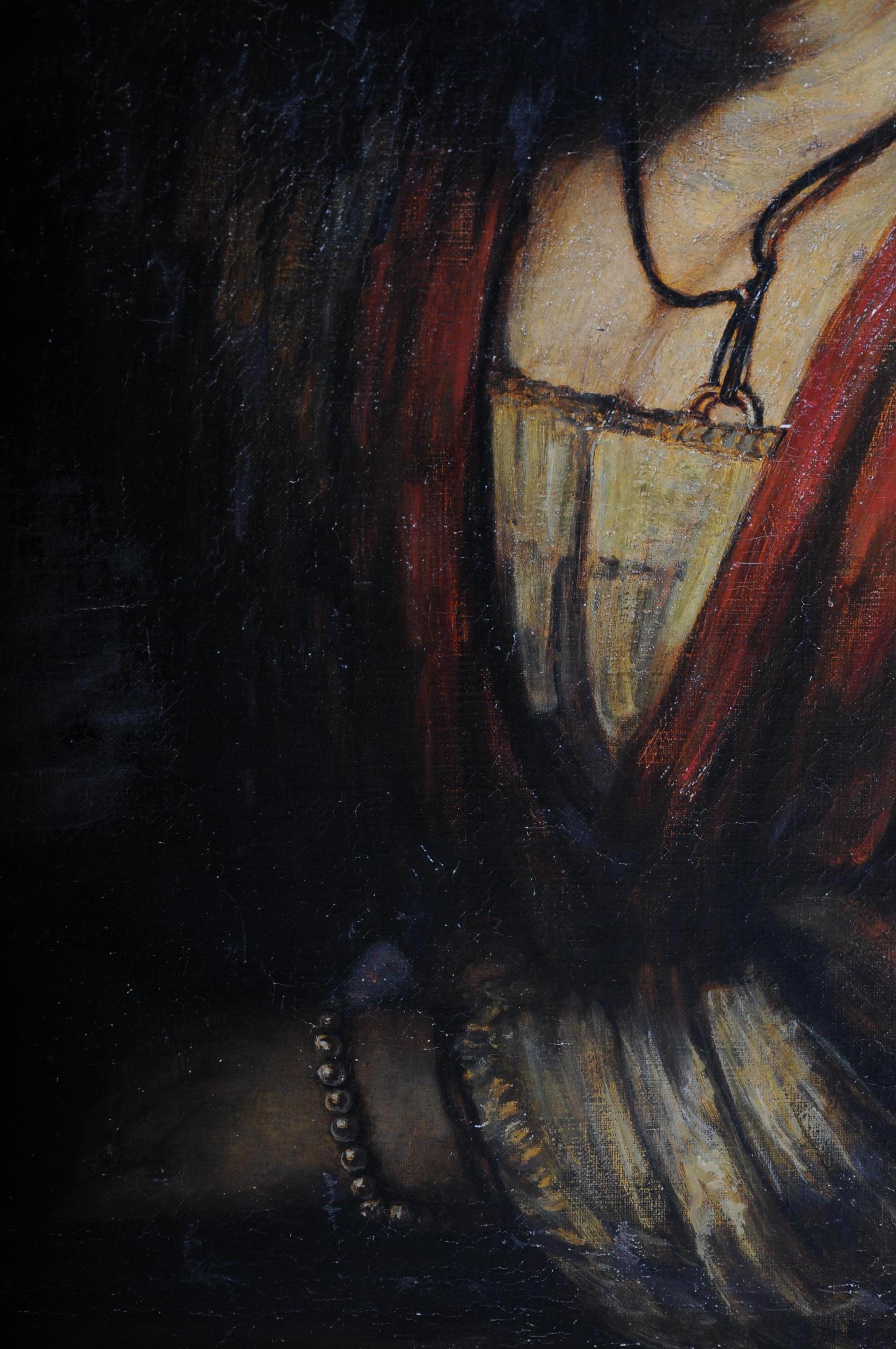 Peinture à l'huile du XIXe siècle Rembrandt & H. van Rijn, Jeune femme au décolleté ouvert en vente 4
