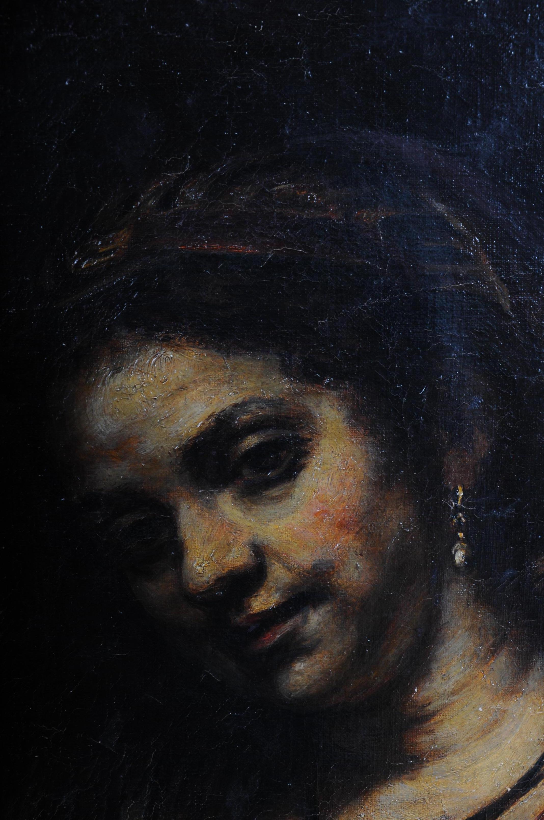 19th Century Oil Painting Rembrandt & H. van Rijn, Young Woman Open Neckline For Sale 5