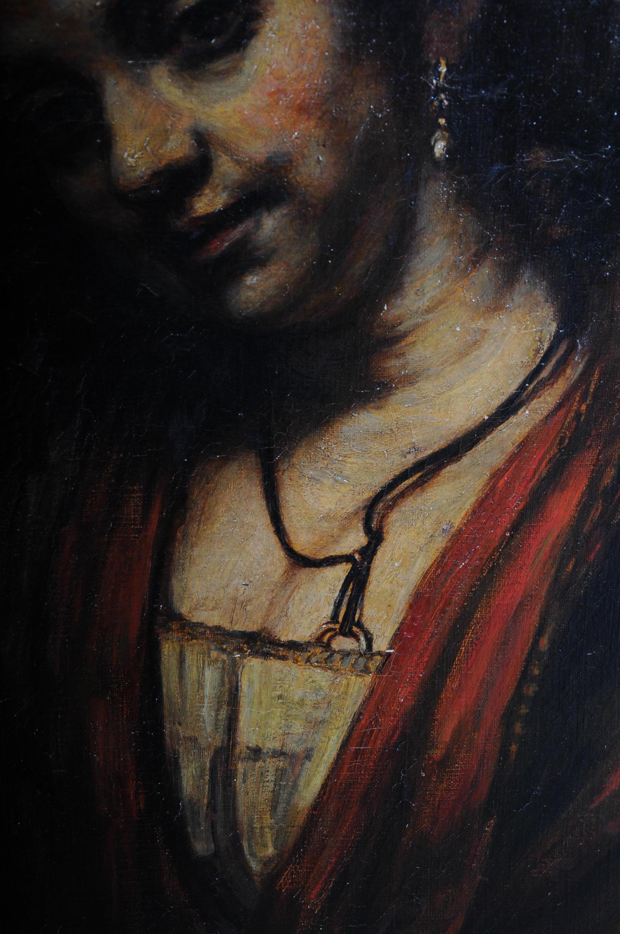 19th Century Oil Painting Rembrandt & H. van Rijn, Young Woman Open Neckline For Sale 6