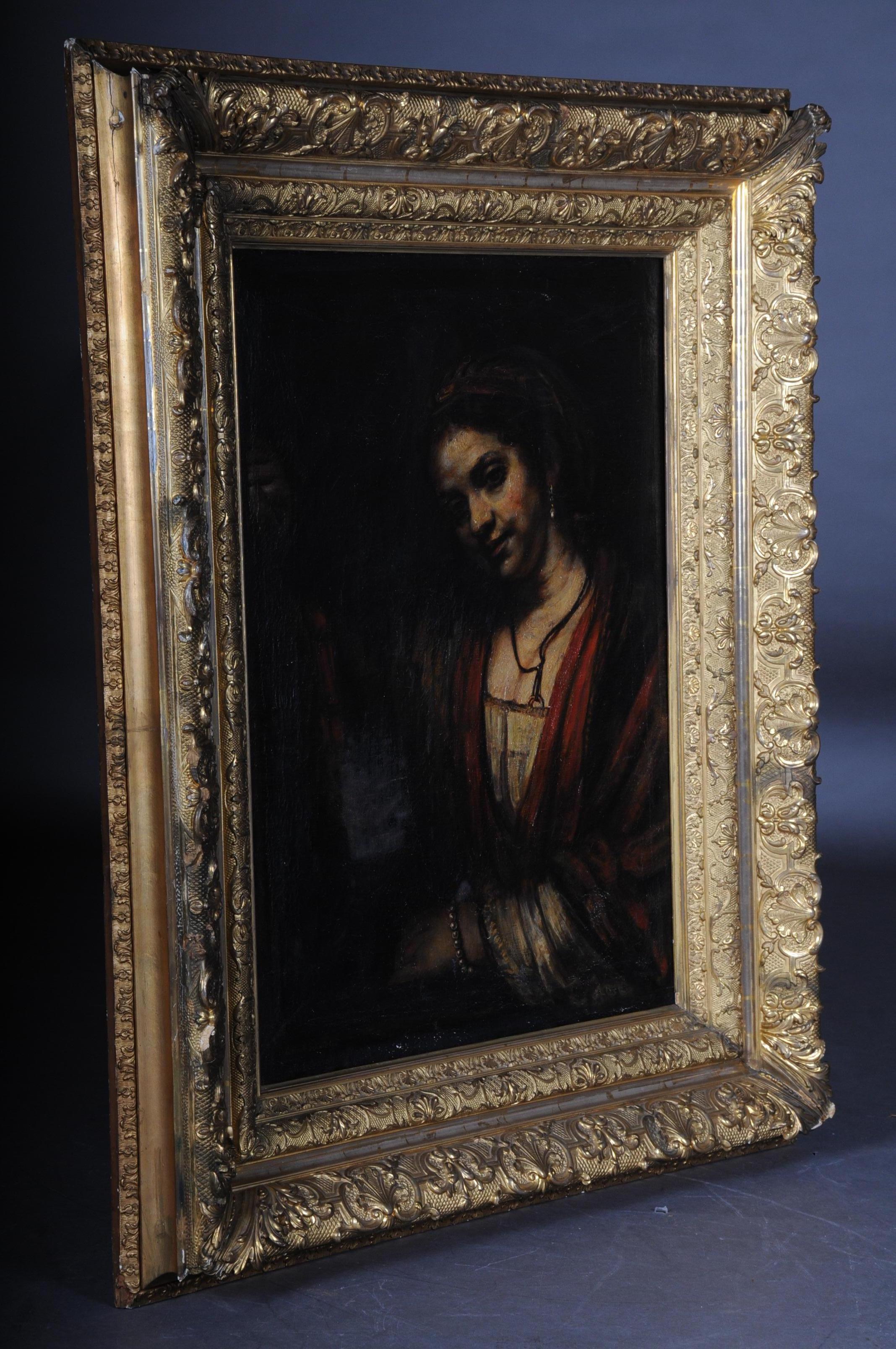 Toile Peinture à l'huile du XIXe siècle Rembrandt & H. van Rijn, Jeune femme au décolleté ouvert en vente
