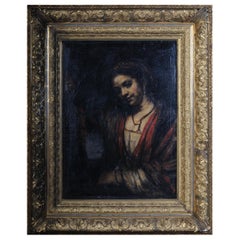 Pittura ad olio del XIX secolo Rembrandt & H. van Rijn, Giovane donna con scollatura aperta