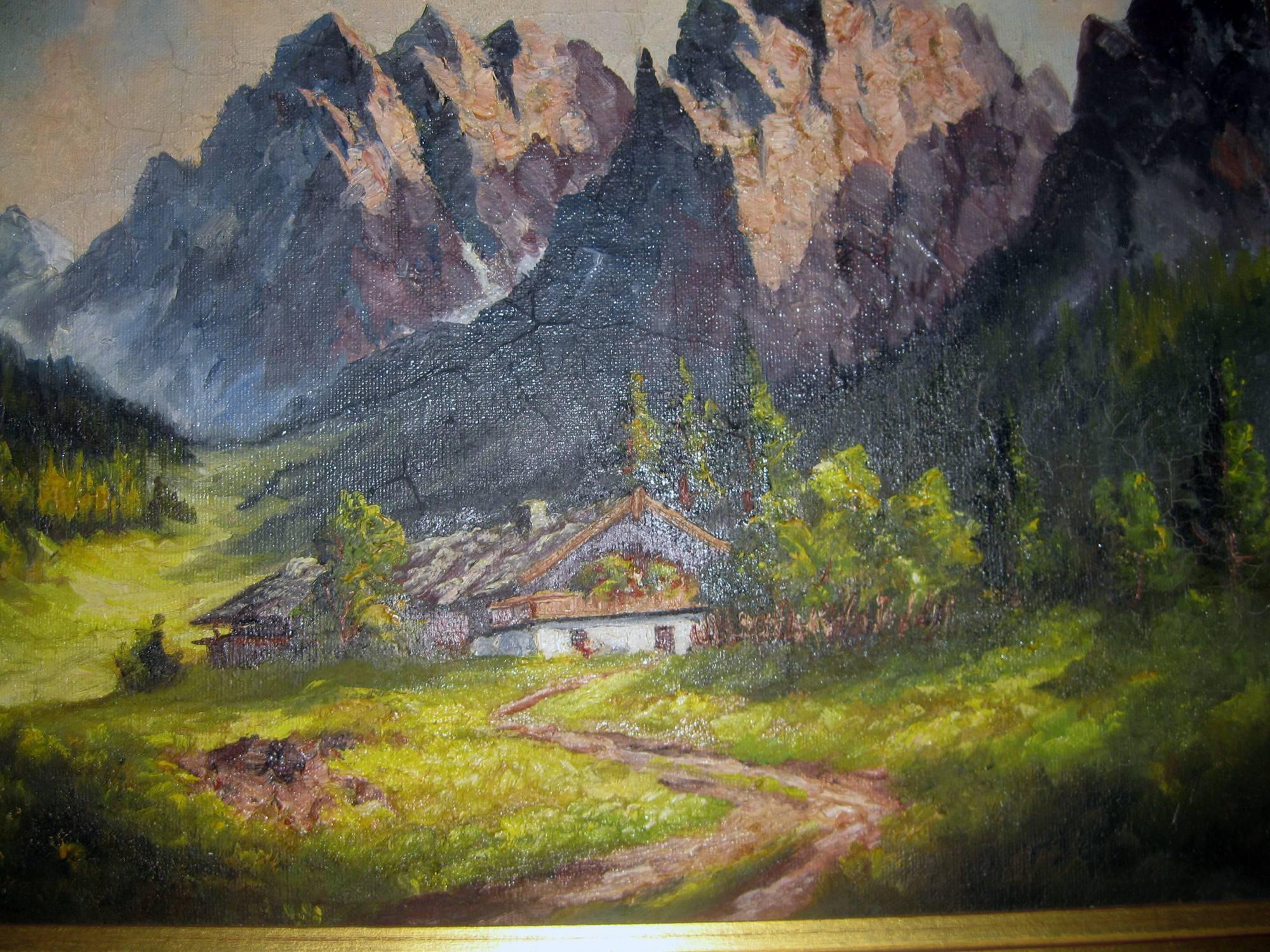 This tranquil fine oil painting depicts a quaint chalet nestled in the Swiss Alps (Seealpsee). Artist signed but it is not legible. Features include nice detail and color. Framed in vintage gilt frame. Measurement includes 2 1/4