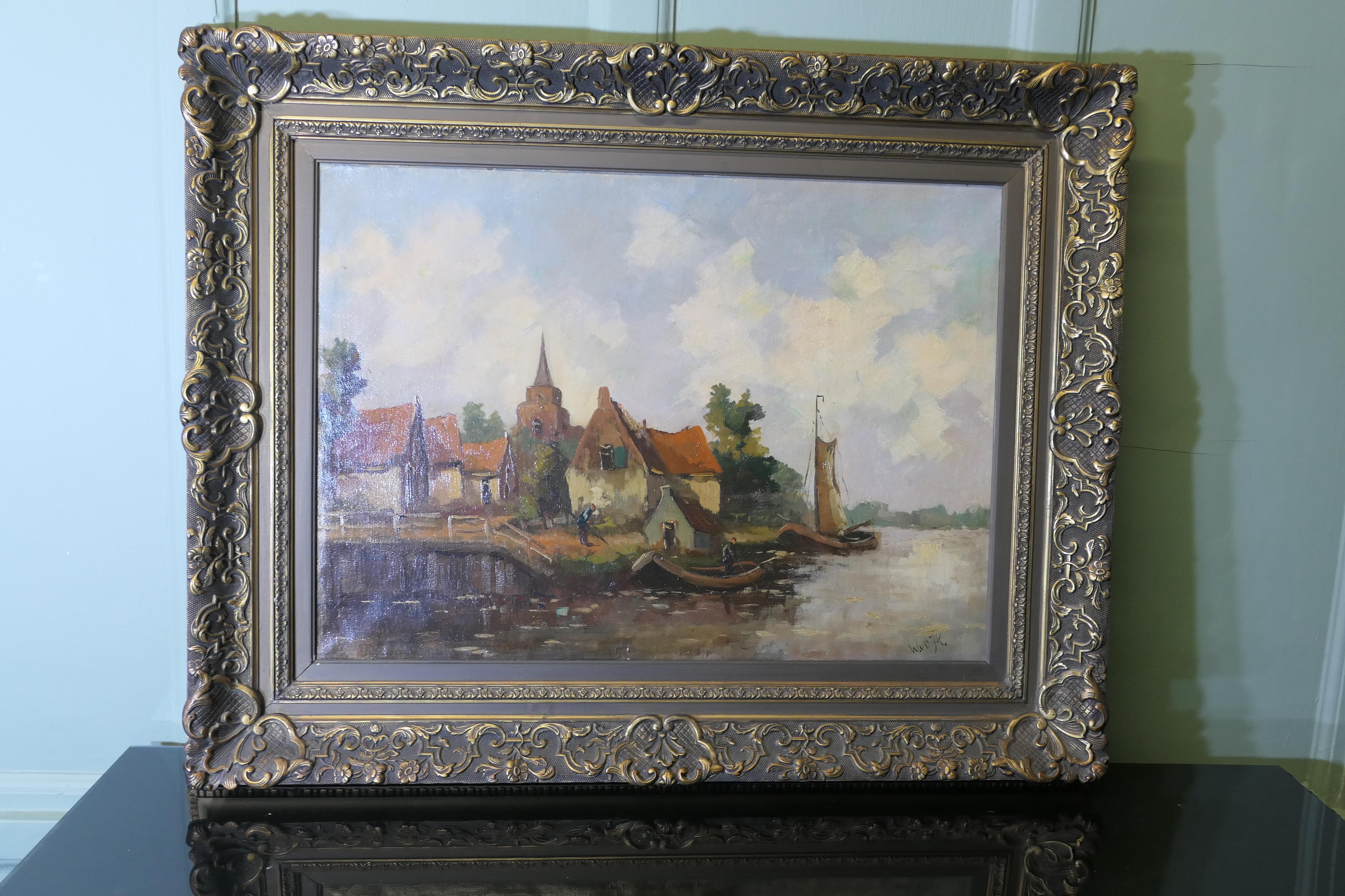 
Pittura a olio del XIX secolo, firmata W.VDijk, Villaggio dall'acqua

Il dipinto  Il dipinto è in una elaborata cornice dorata, in buone condizioni, senza riparazioni, con qualche scheggiatura sulla cornice e un buon colore.
Il quadro misura 29