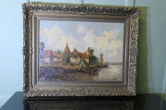 19th Century Oil Painting, signed W.VDijk, Village from the Water