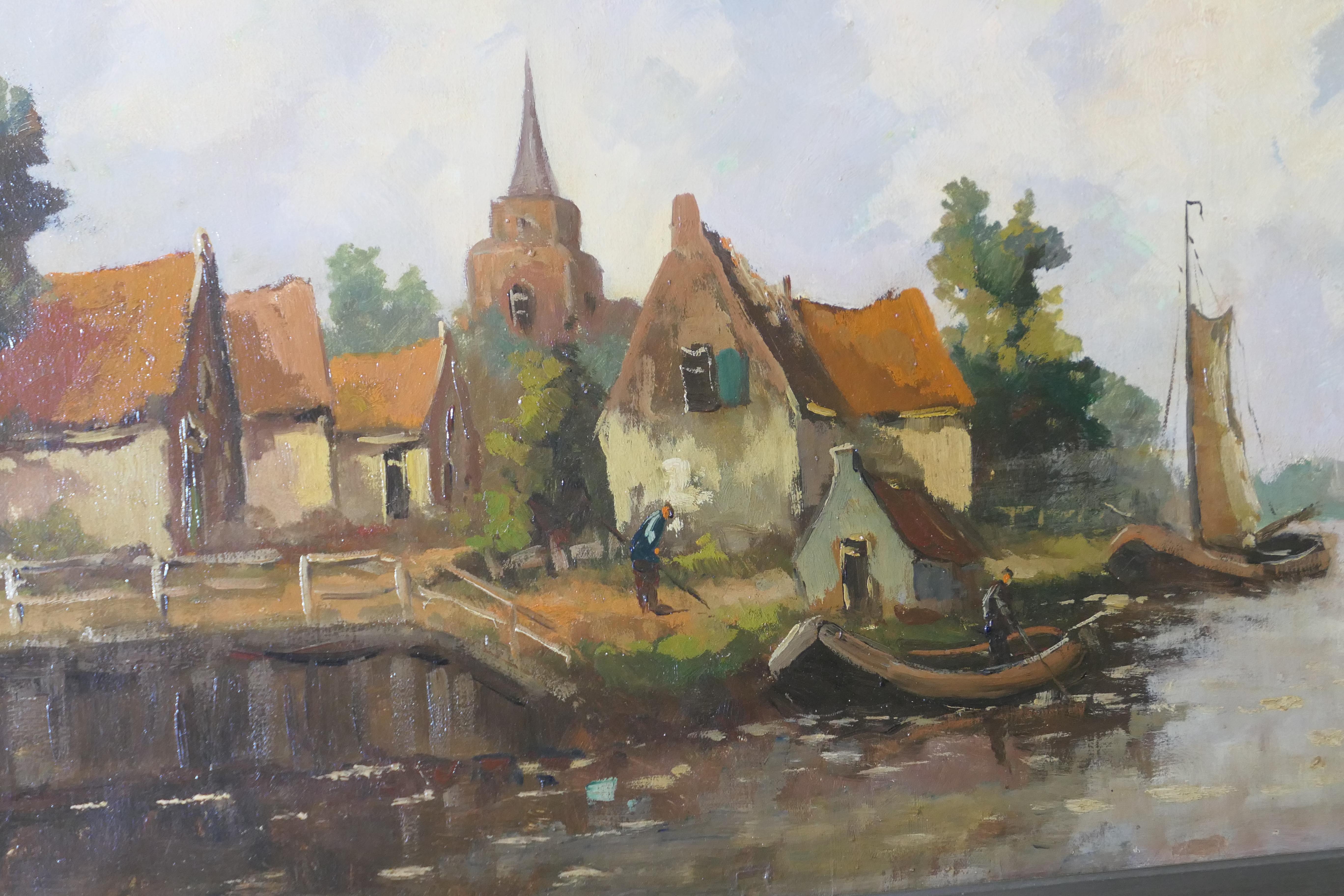 Coloniale olandese Pittura a olio del XIX secolo, firmata W.VDijk, Villaggio dall'acqua in vendita