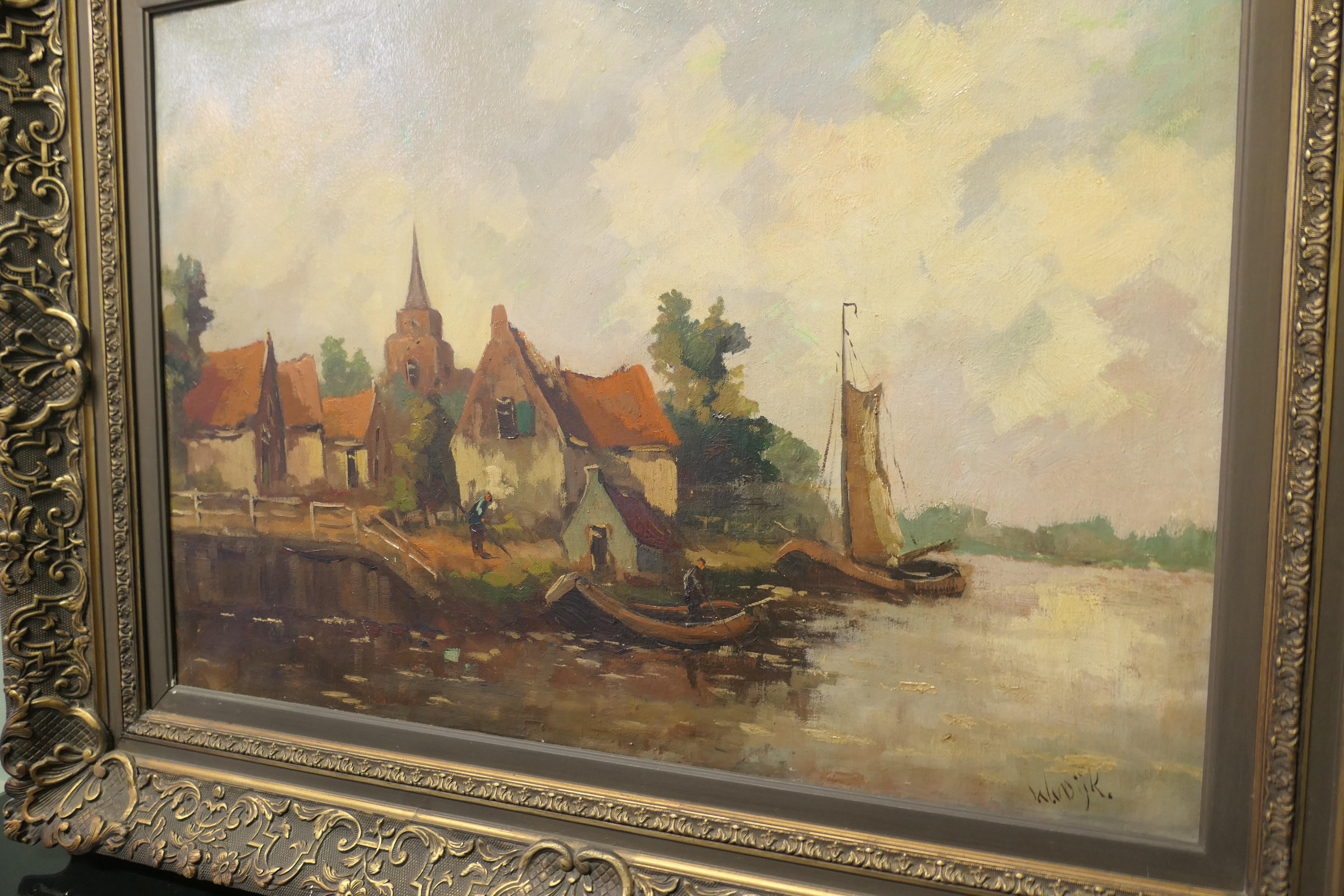 Inizio XX secolo Pittura a olio del XIX secolo, firmata W.VDijk, Villaggio dall'acqua in vendita