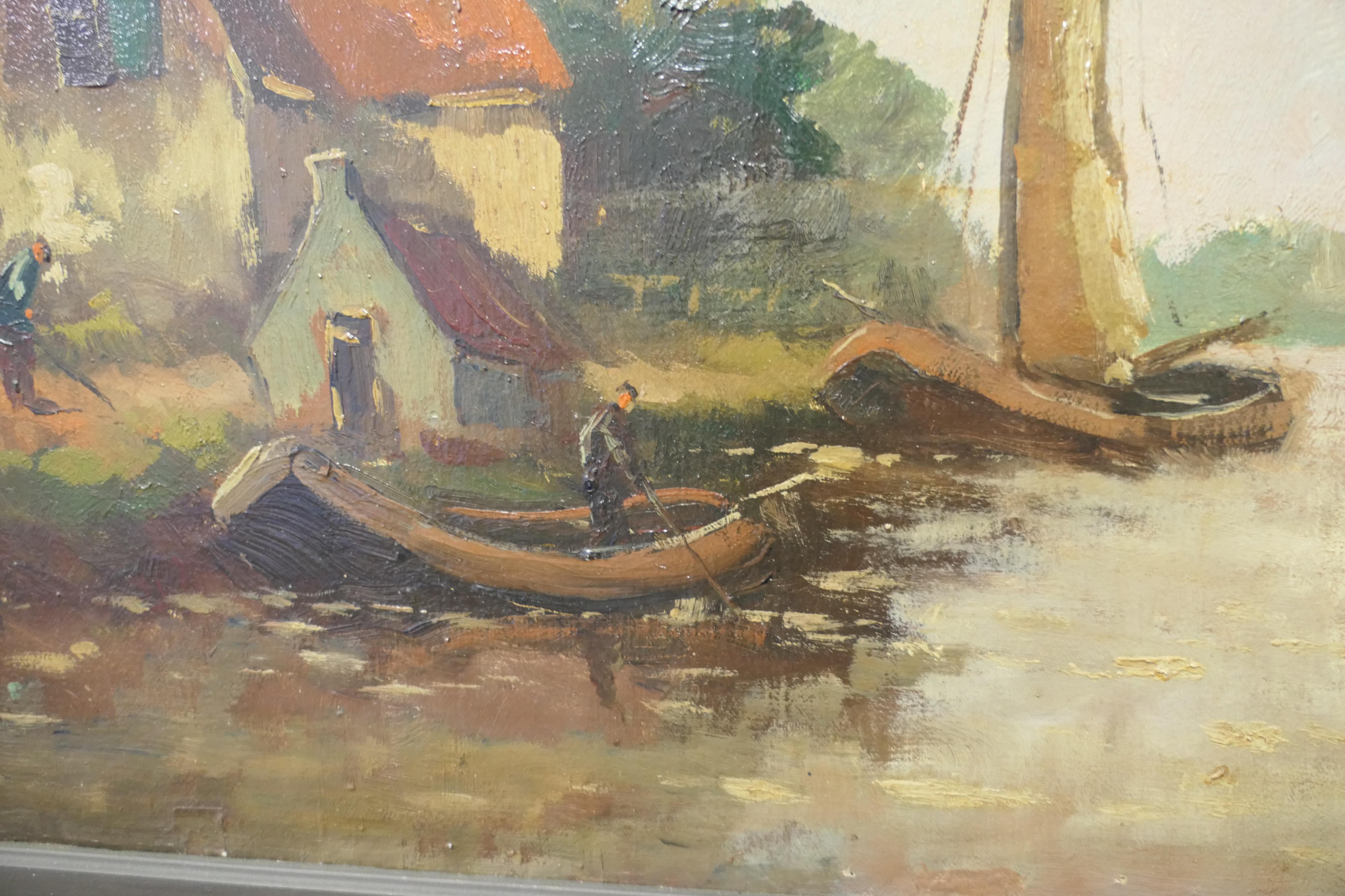 Pittura a olio del XIX secolo, firmata W.VDijk, Villaggio dall'acqua in vendita 1