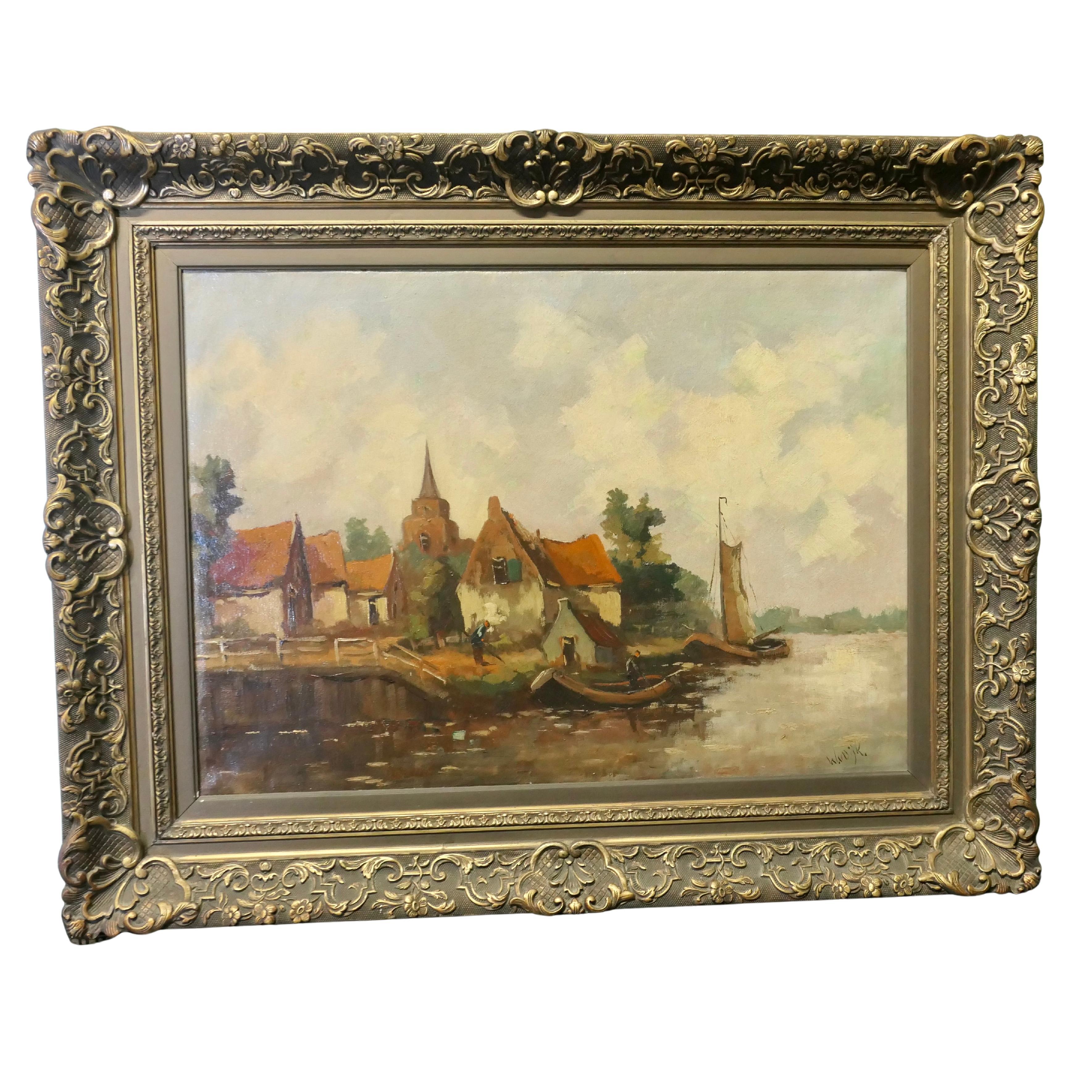 Pittura a olio del XIX secolo, firmata W.VDijk, Villaggio dall'acqua in vendita