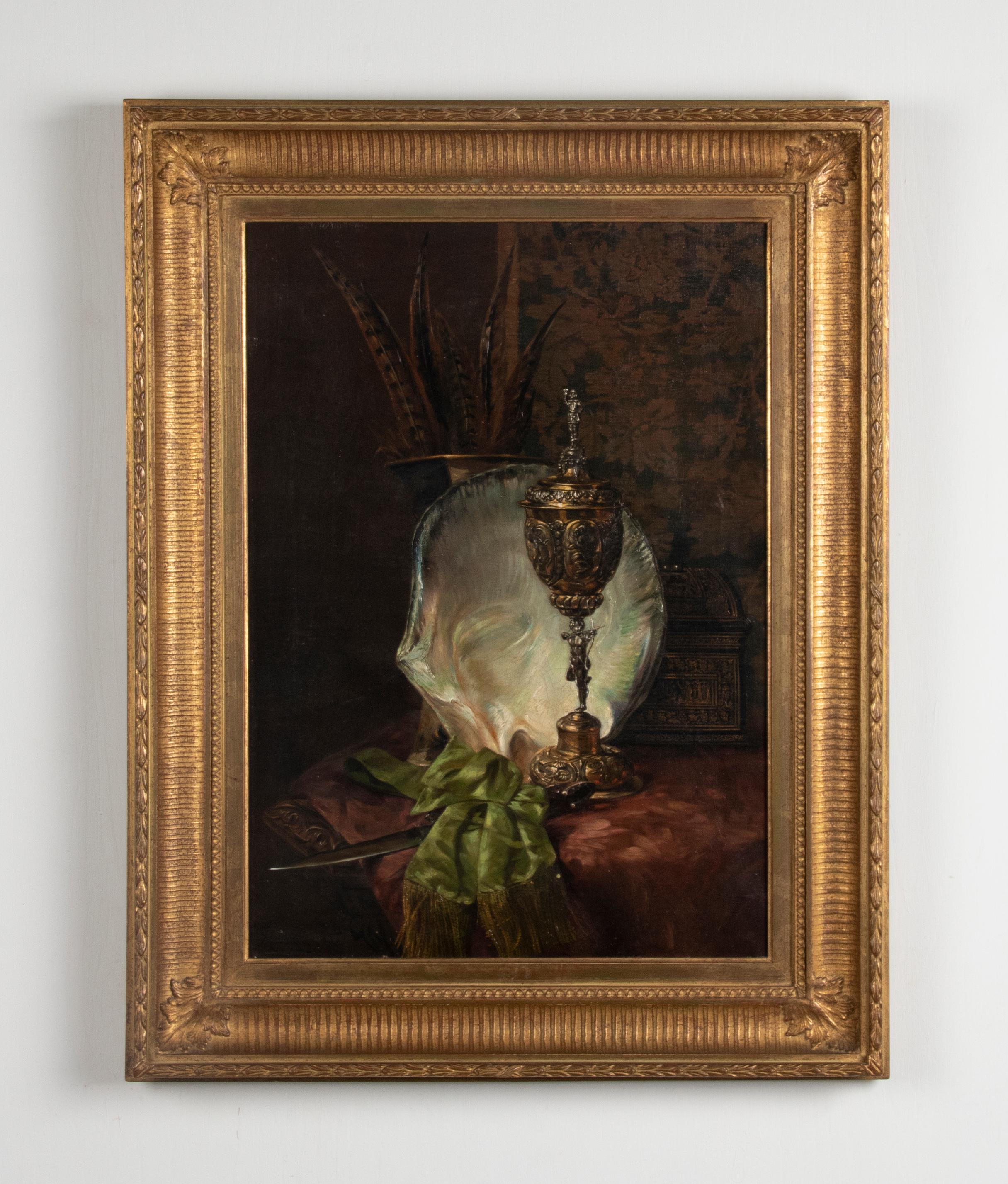 A fine and atmospheric still life, oil on canvas. Signed and dated (1882) left under by François Joseph Huygens (Belgium, 1820-1908). Depicted are various objects such as a bronze Renaissance cup, saber, silk scarf and a shell. This are objects of