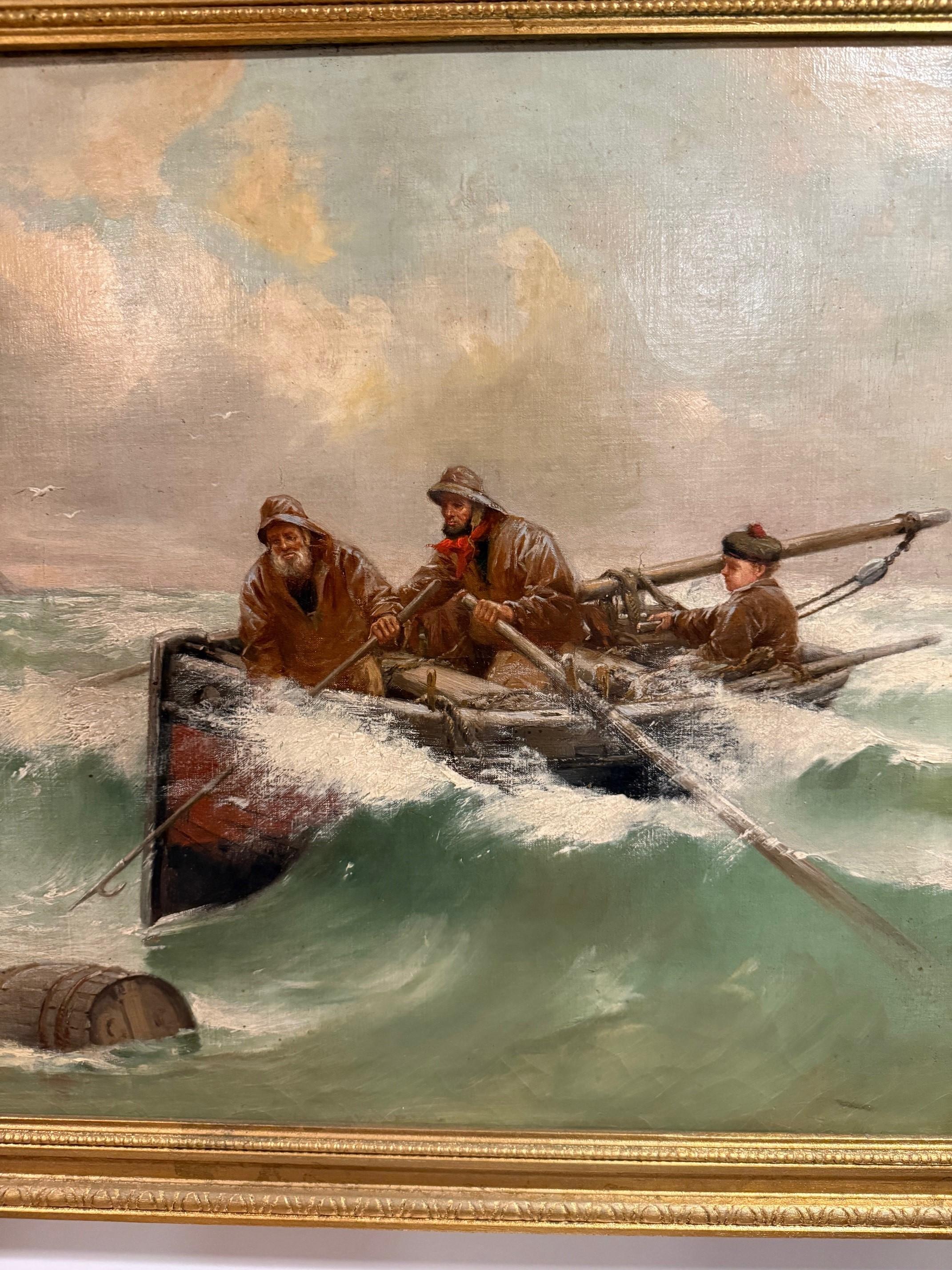 19th Century Oil Painting Three Fisherman, Signed P. Pascal 1832-1903 Framed In Good Condition For Sale In Stamford, CT