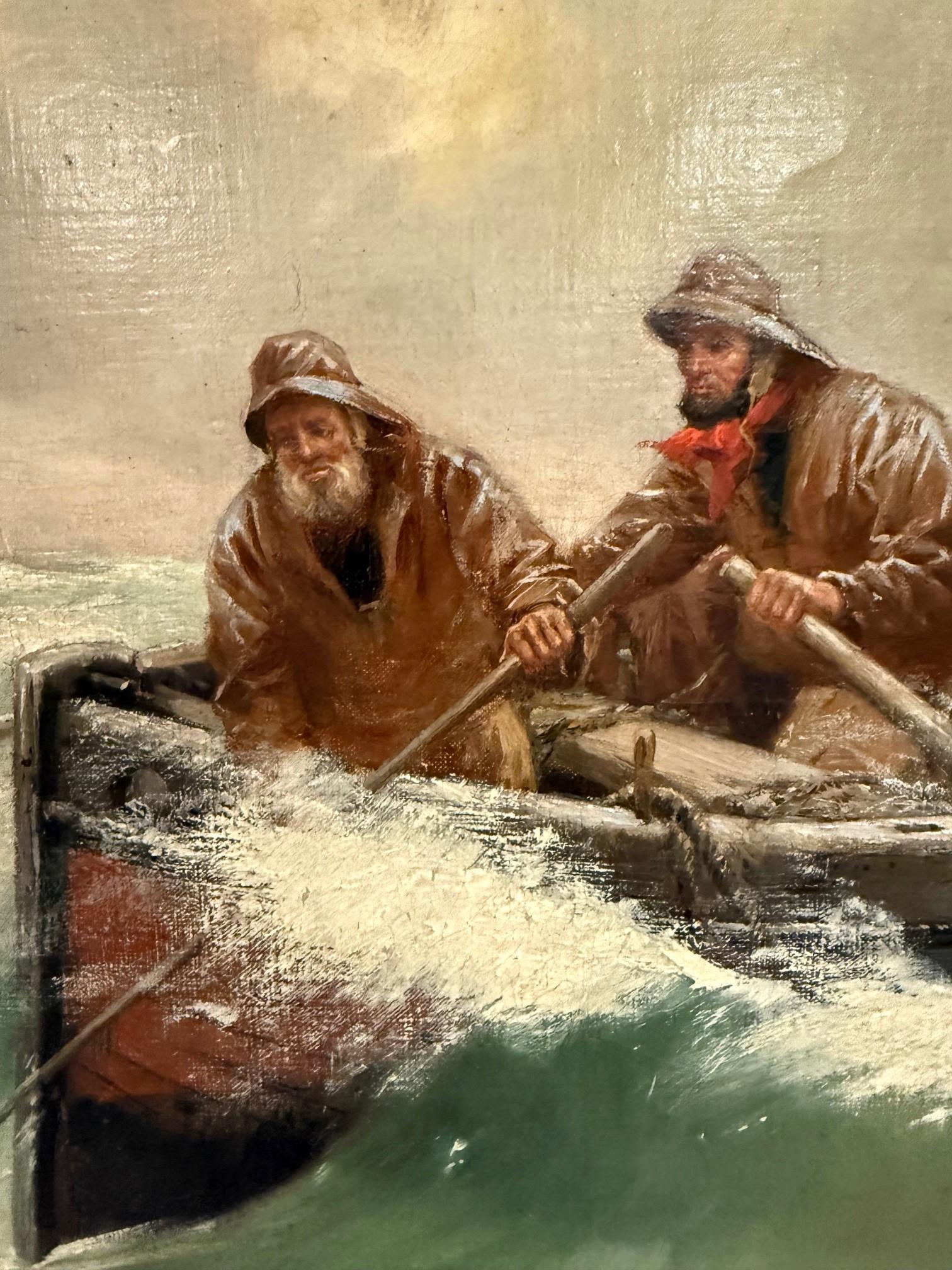 Canvas 19th Century Oil Painting Three Fisherman, Signed P. Pascal 1832-1903 Framed For Sale
