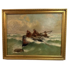 Pittura a olio del XIX secolo con tre pescatori, firmata A. Pascal 1832-1903 con cornice