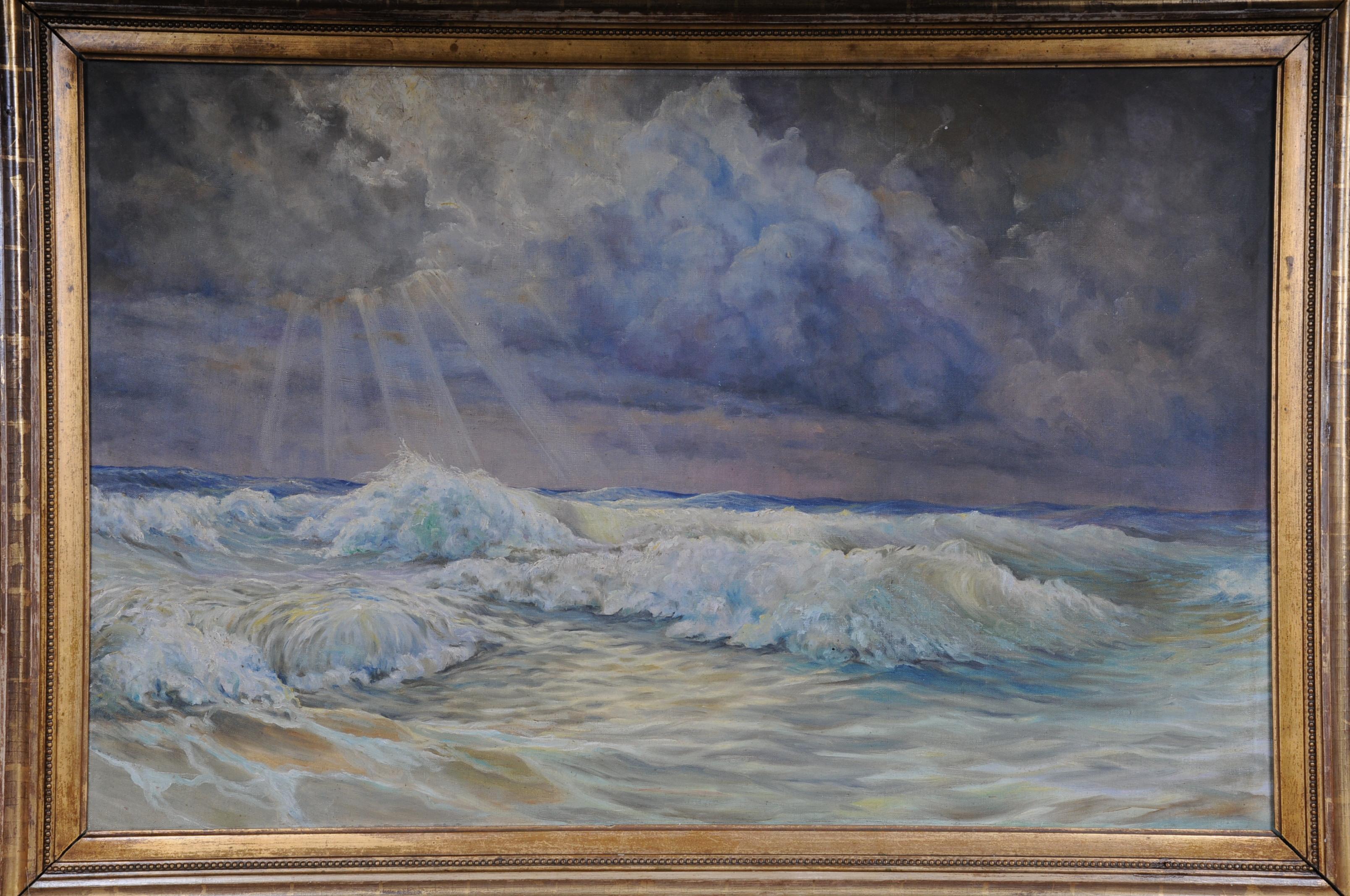 Wonderful oil painting 
View from a sea with restless waves and shining clouds 
Oil of canvas, circa 19th century 
The frame is very Fine and detailed carved and gilded.
 
