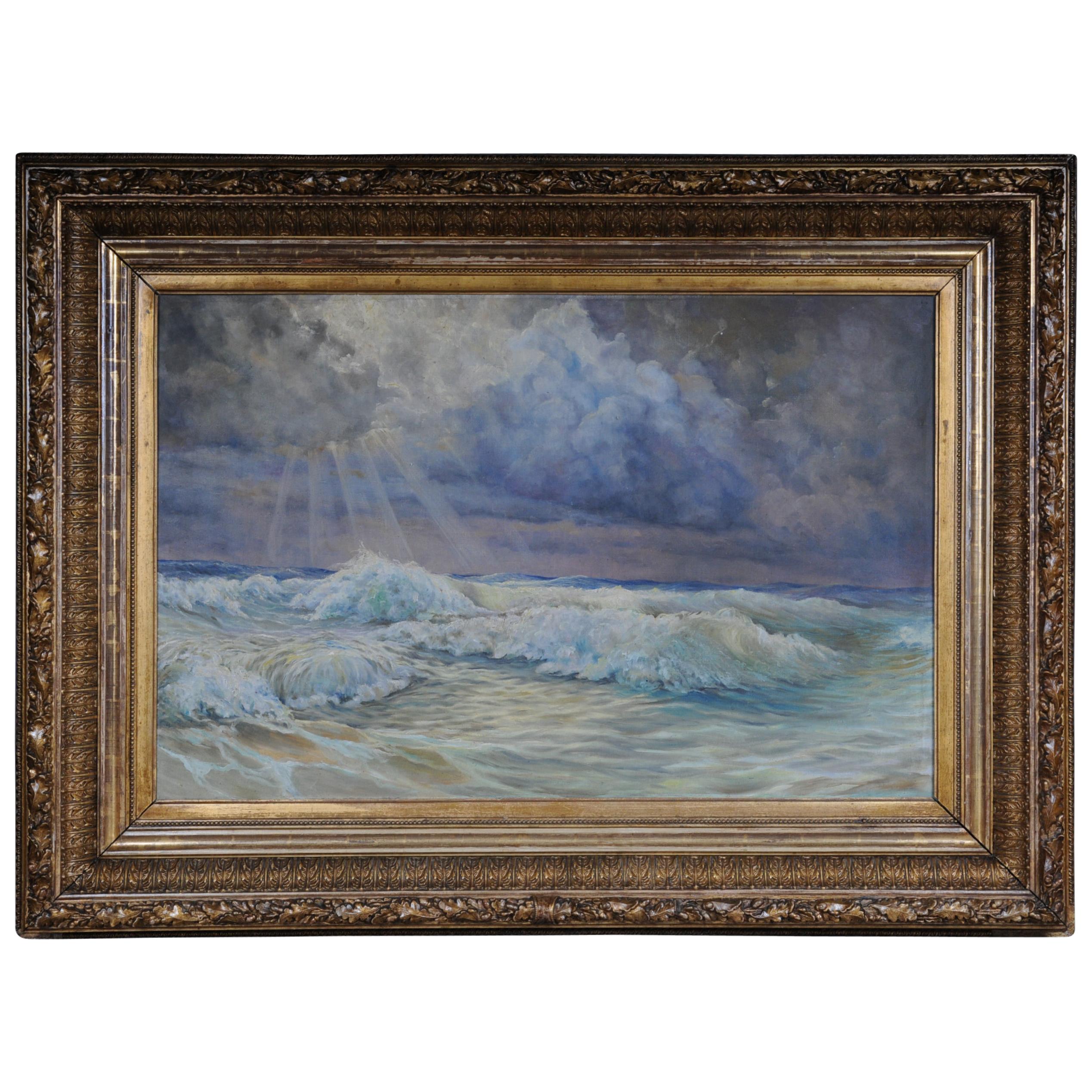 19th Century Oil Painting View from the Sea in a Big Gild Frame For Sale