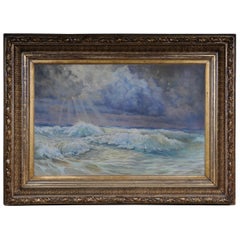 Peinture à l'huile du XIXe siècle représentant une vue de la mer dans un grand cadre doré