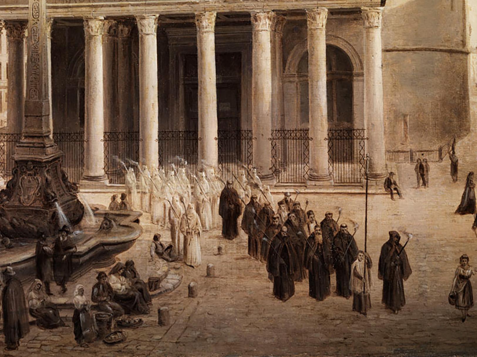 View from elevated view of the Pantheon to the front of it obelisk fountain and a pulling of the square procession of monks in brown robes, followed by Gugel men in white, head covered robes with flaming torches. At the edge of the well and to the