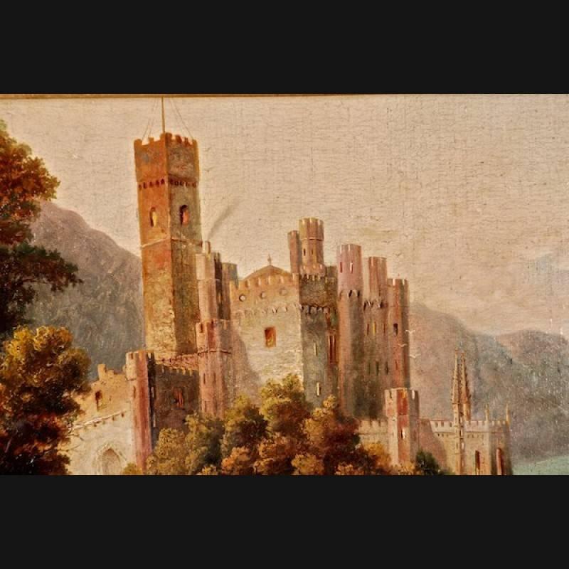 Unique oil painting with castle view, circa 19th century.
Oil on canvas. Motif castle with view of the Rhine. Gold frame with minimal damage.
It is a castle or castle Stolzenfels near Lahnstein near Koblenz.

Signed A. Forstmann

(S-84).