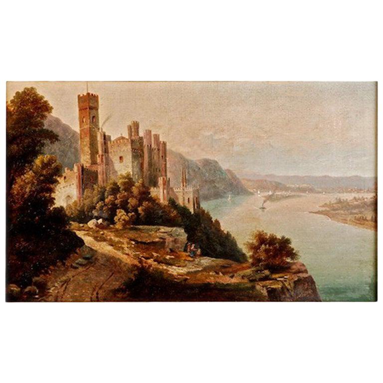 Peinture à l'huile du XIXe siècle avec vue sur un château