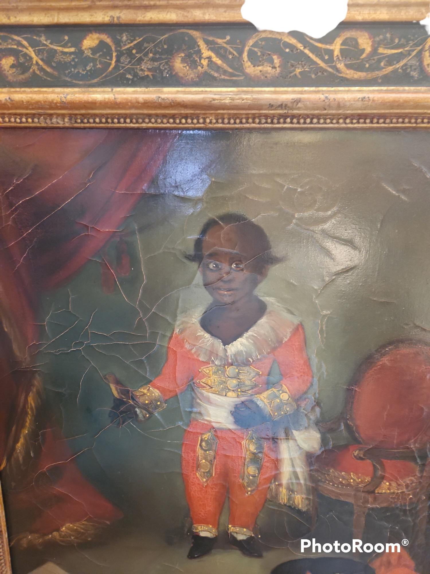 Gemälde aus der Mitte des 19. Jahrhunderts mit einem hübschen Jungen in einem schönen vergoldeten und handbemalten Rahmen (kein Originalrahmen).  Die Leinwand selbst ist 20