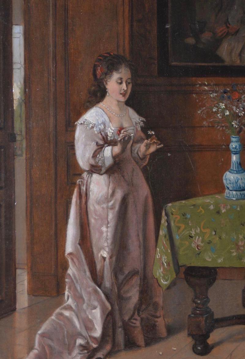 Hand-Painted 19th Century Oil Portrait of an Elegant Young Woman Arranging Flowers For Sale