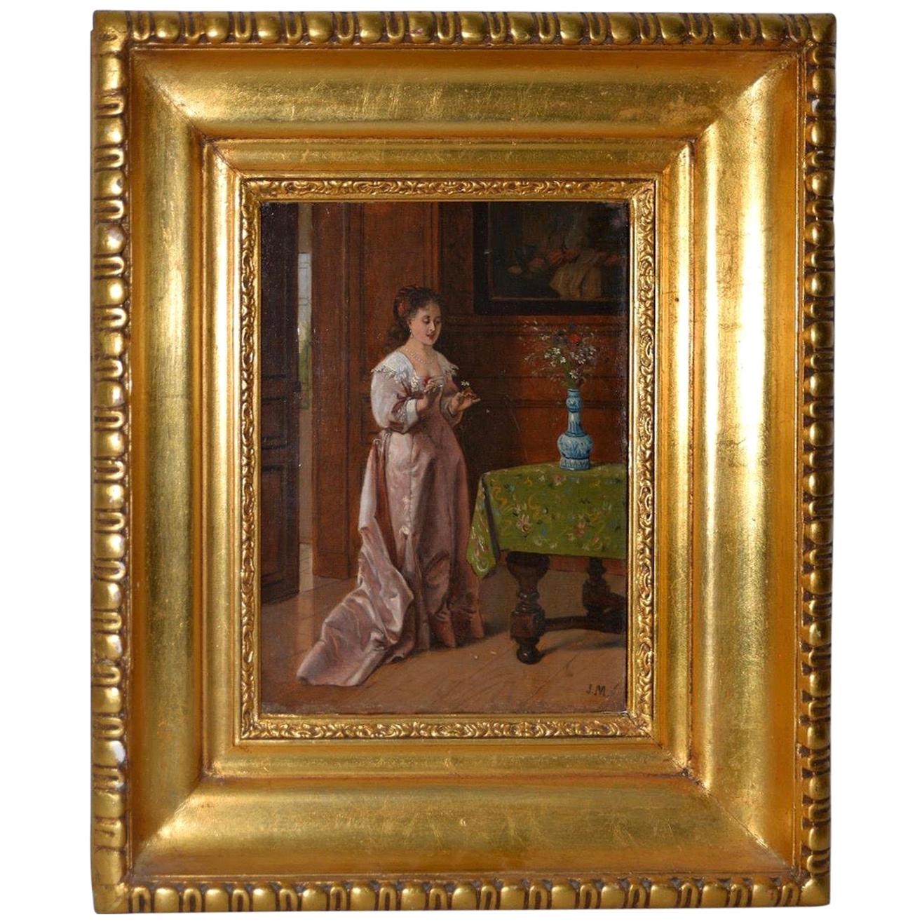 Portrait à l'huile du 19e siècle d'une jeune femme Elegance arrangeant des fleurs