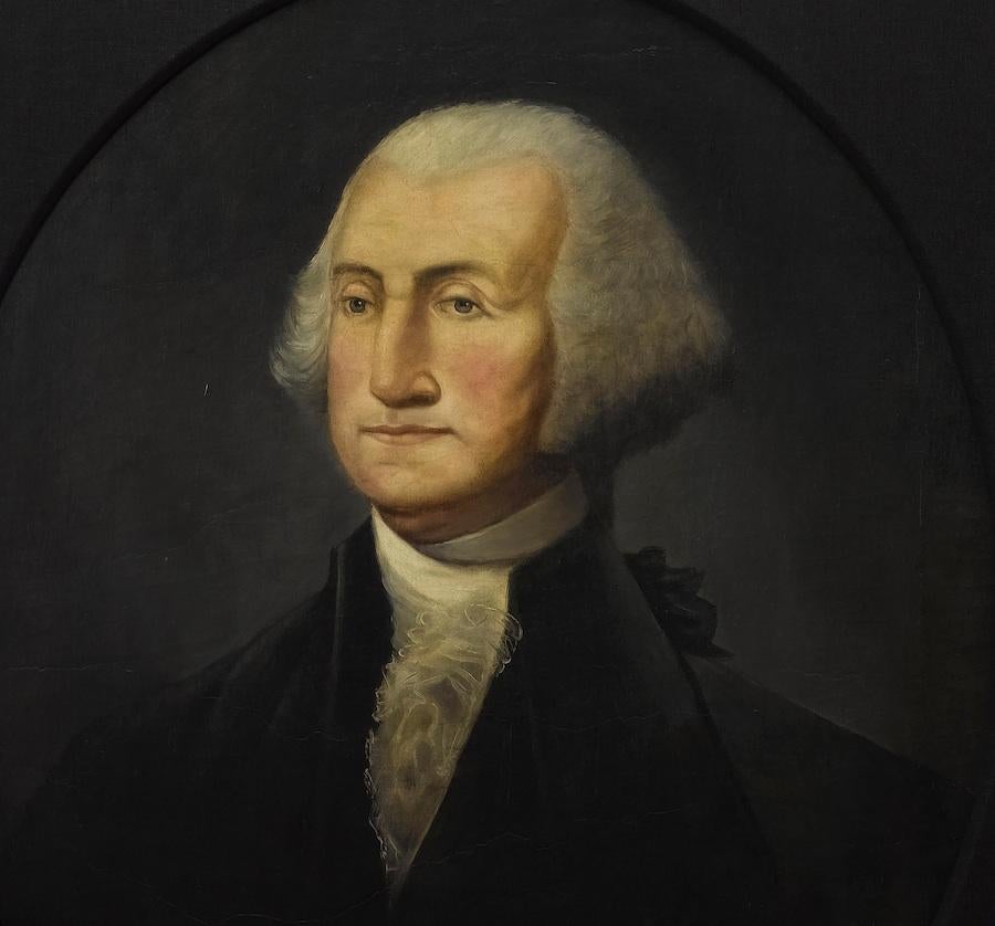This is a decorously painted, 19th century portrait of George Washington, after Rembrandt Peale. This likeness was painted by an unknown artist of the American School. An oil on paper, laid on panel, this depiction is closest to the 1854 portrait by