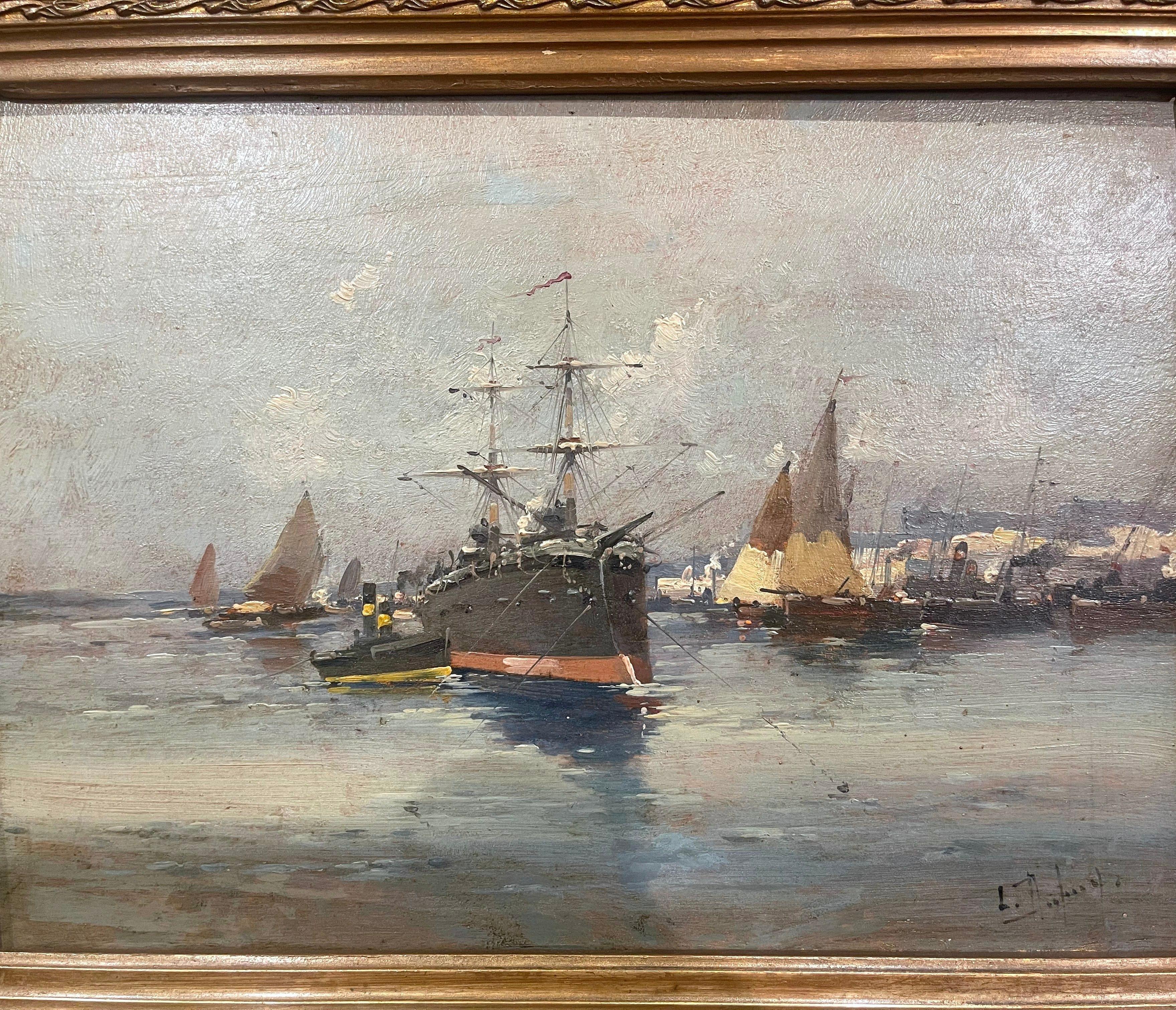 French 19th Century Oil Ship Painting in Gilt Frame Signed Dupuy for E. Galien-Laloue
