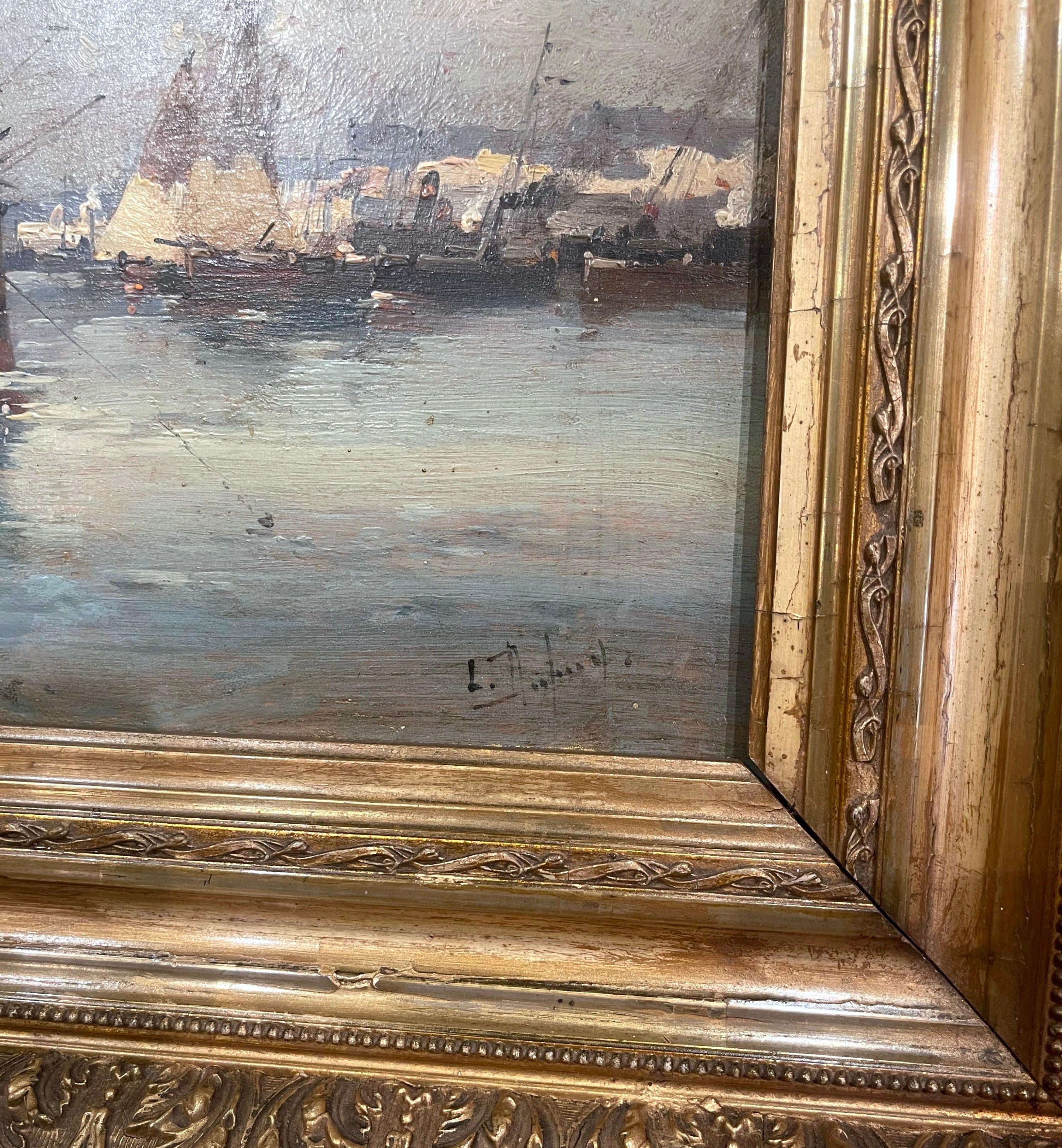 Carved 19th Century Oil Ship Painting in Gilt Frame Signed Dupuy for E. Galien-Laloue