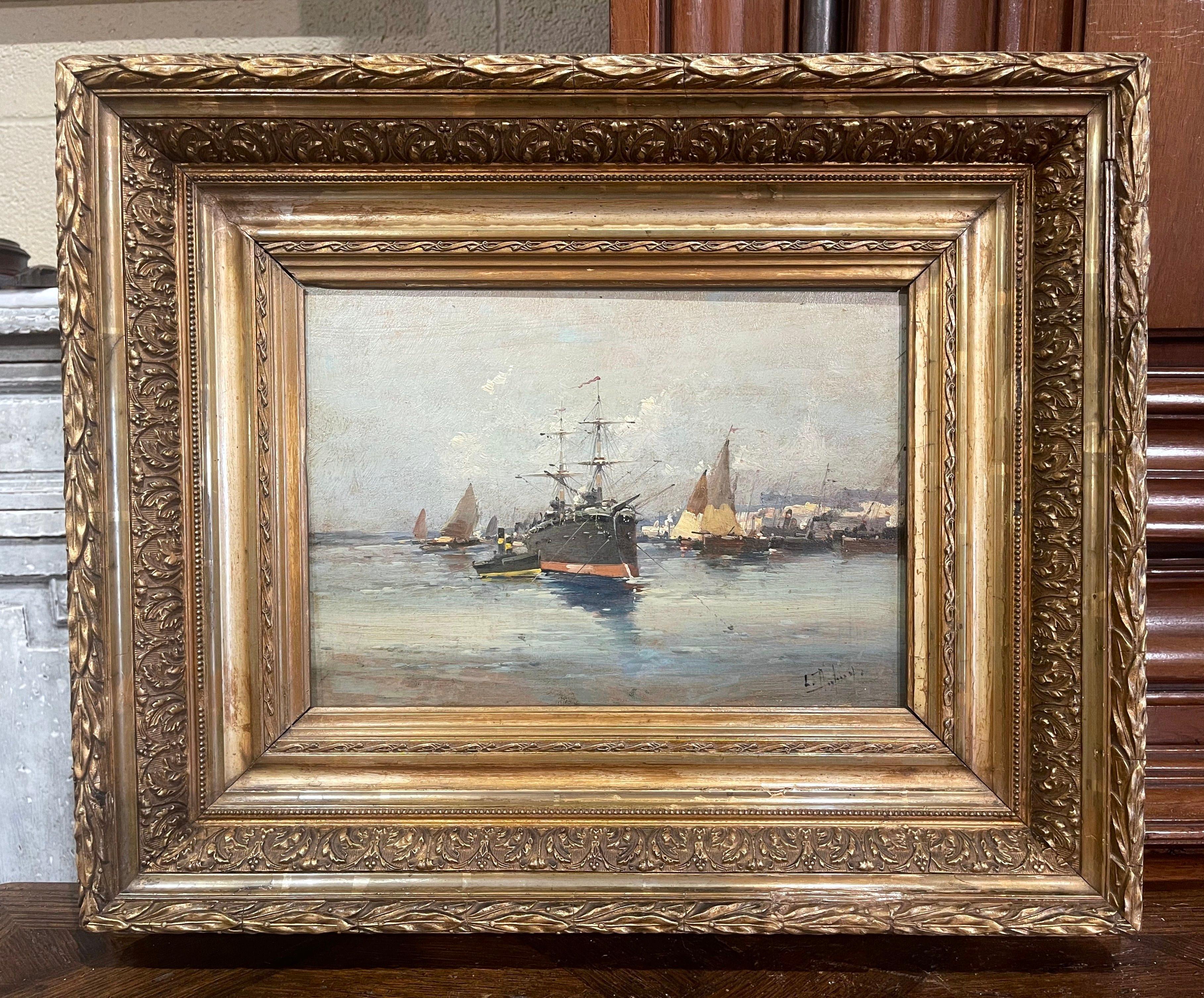 19th Century Oil Ship Painting in Gilt Frame Signed Dupuy for E. Galien-Laloue In Excellent Condition In Dallas, TX