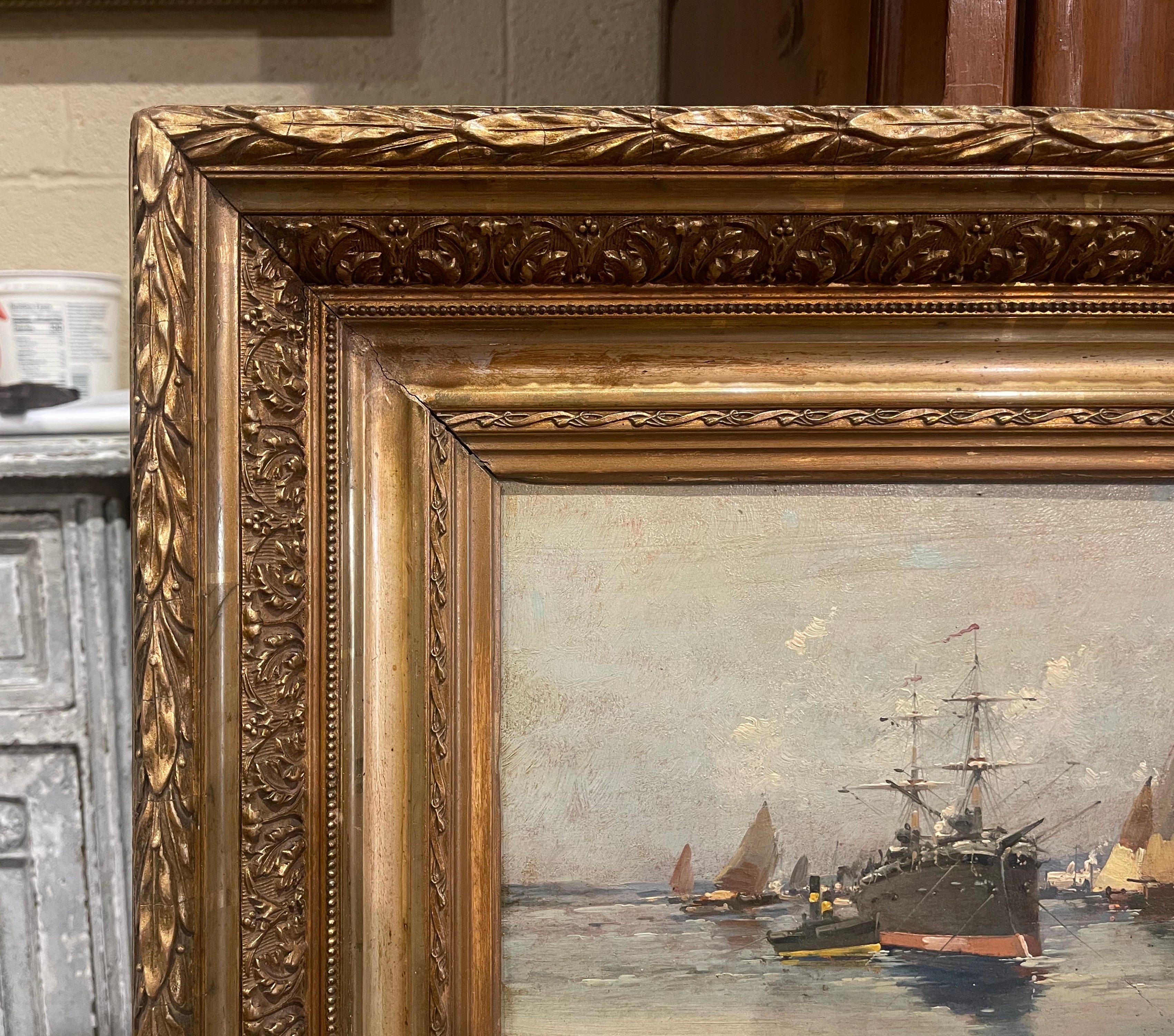 Canvas 19th Century Oil Ship Painting in Gilt Frame Signed Dupuy for E. Galien-Laloue