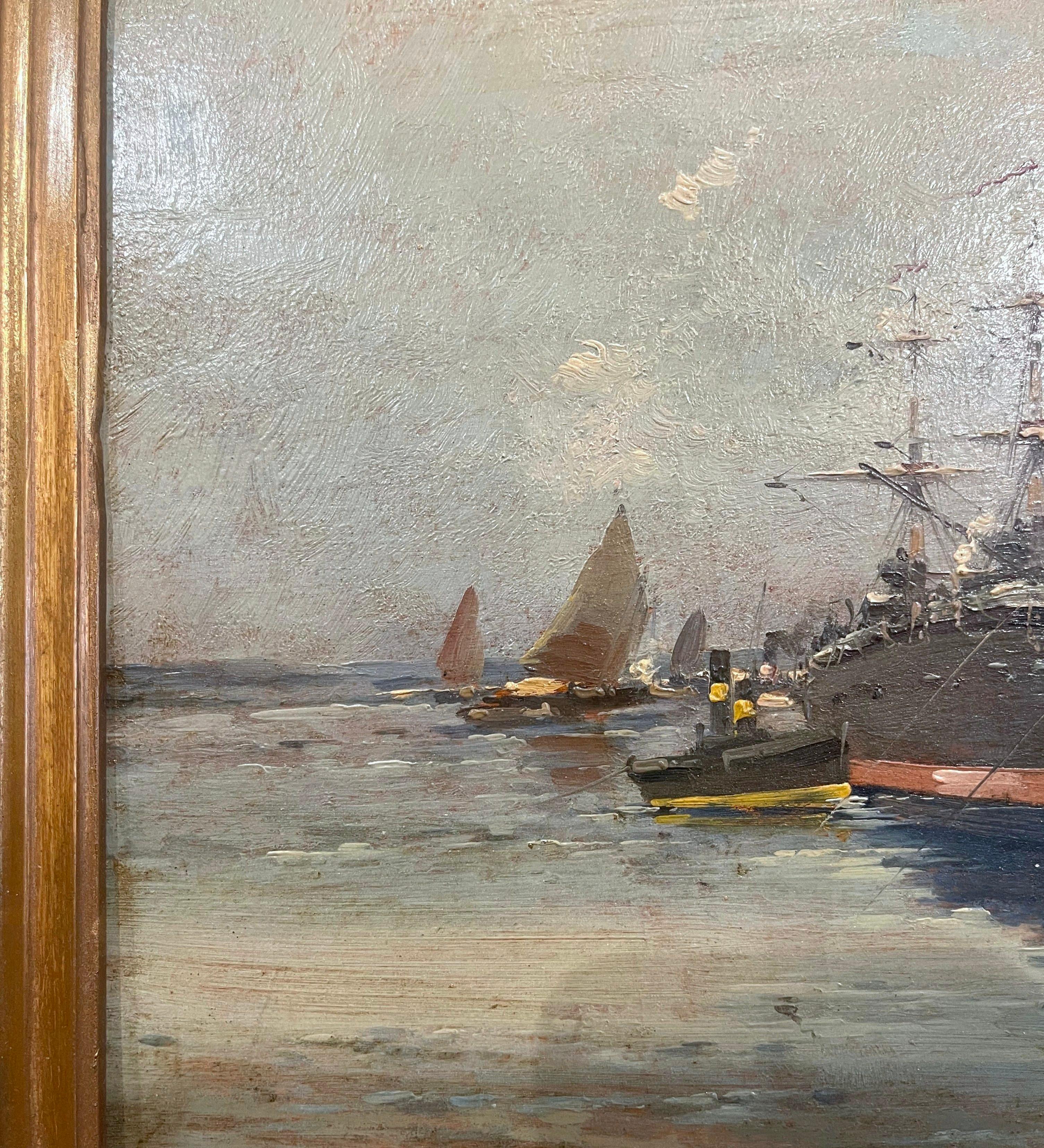 19th Century Oil Ship Painting in Gilt Frame Signed Dupuy for E. Galien-Laloue 1