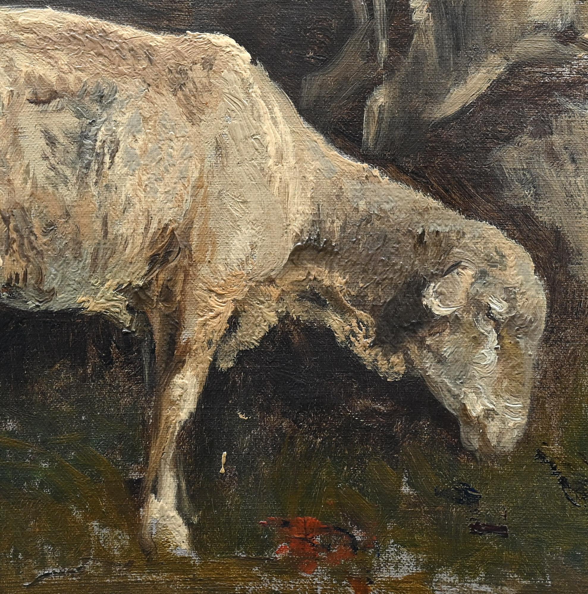 Fine oil study with three sheep,
The study is signed and dated 1870, Wenglein
The artist Josef Wenglein was an bavarian landscape painter. 1845-1919,
He was born 1845 in Munich and passed away 1919 in Bad Tölz, Bavaria.
 