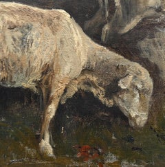 19th Century Oil Study with 3 Sheep Oil on Cardboard Signed Wenglein Dated