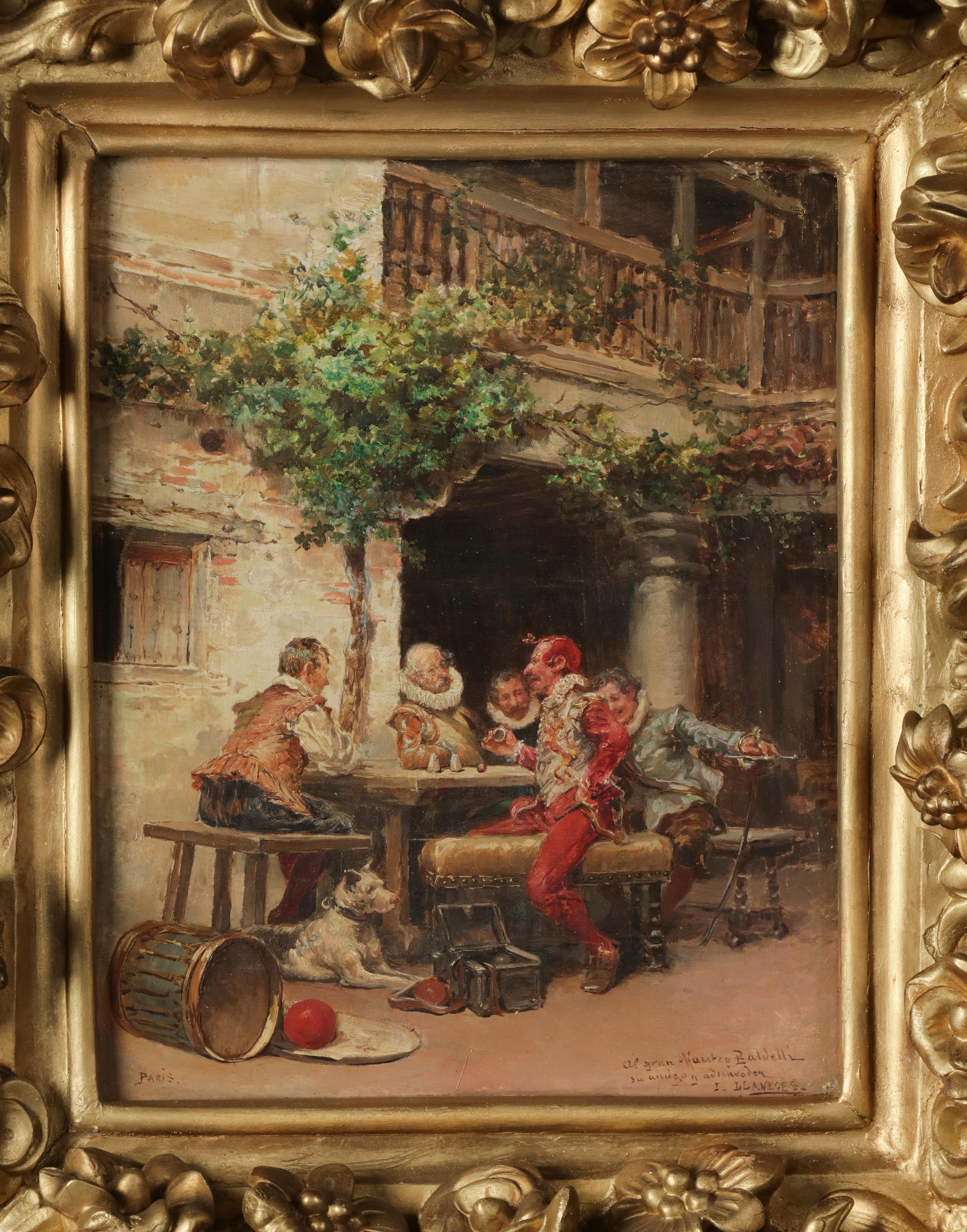 A finely oil painting with a pleasant representation of a tavern. Painted in Renaissance style, it is a genre piece. Oil paint on an oak wooden panel. The frame is completely made of carved wood finished with gold leaf gilt and gold wax. This