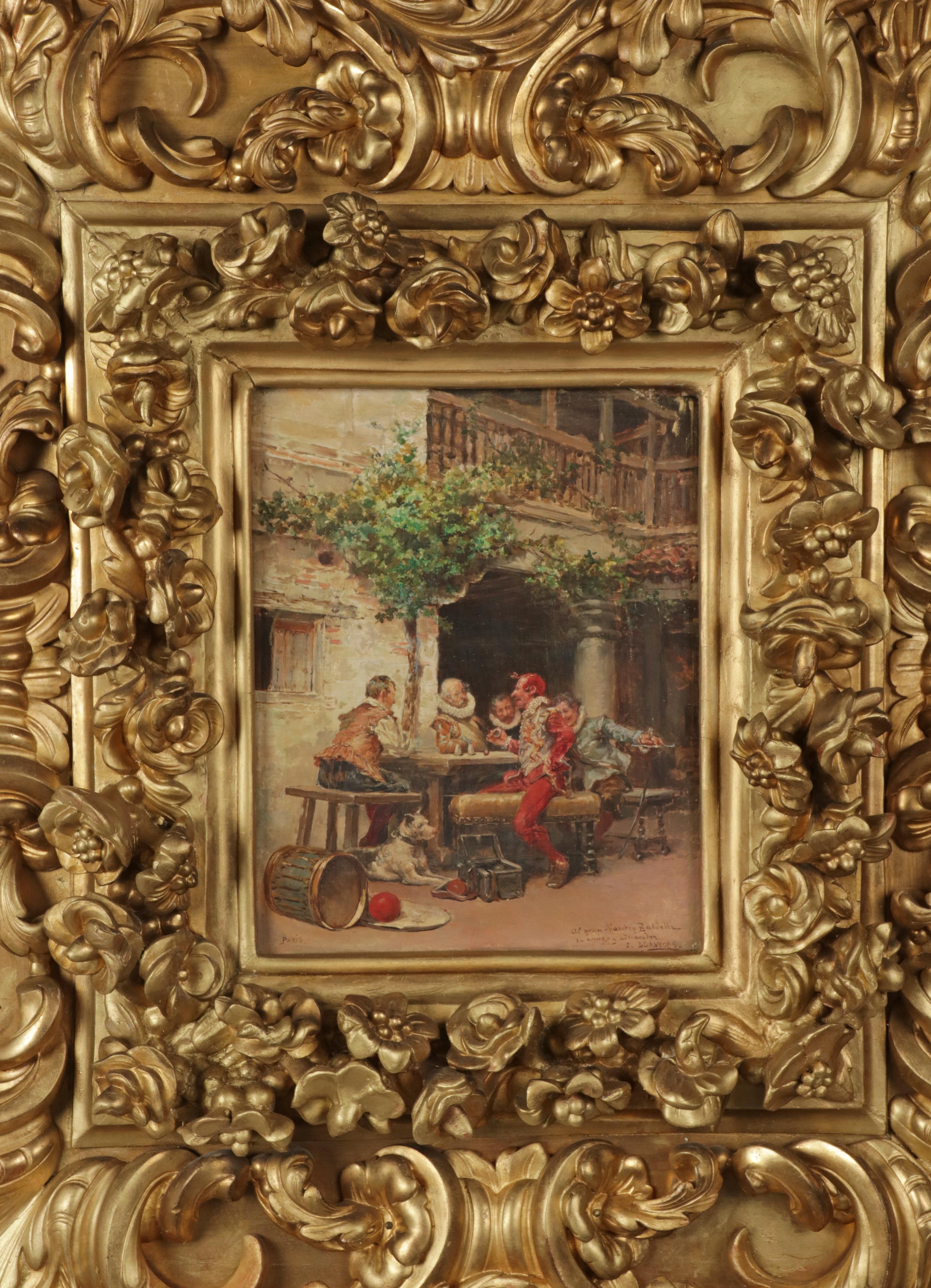 French 19th Century Oilpainting in Renaissance Style by J. Llaneces with Carved Frame