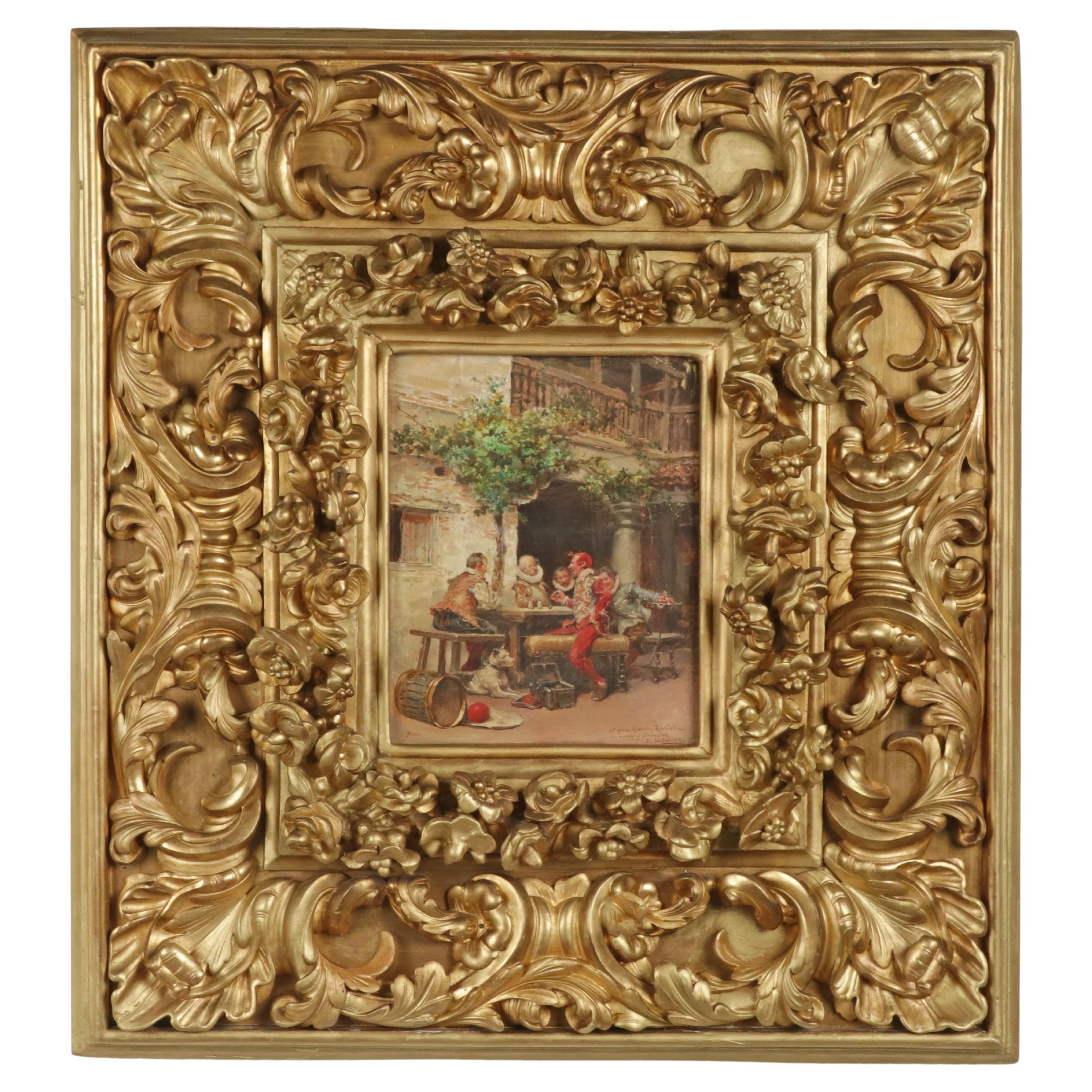 19th Century Oilpainting in Renaissance Style by J. Llaneces with Carved Frame