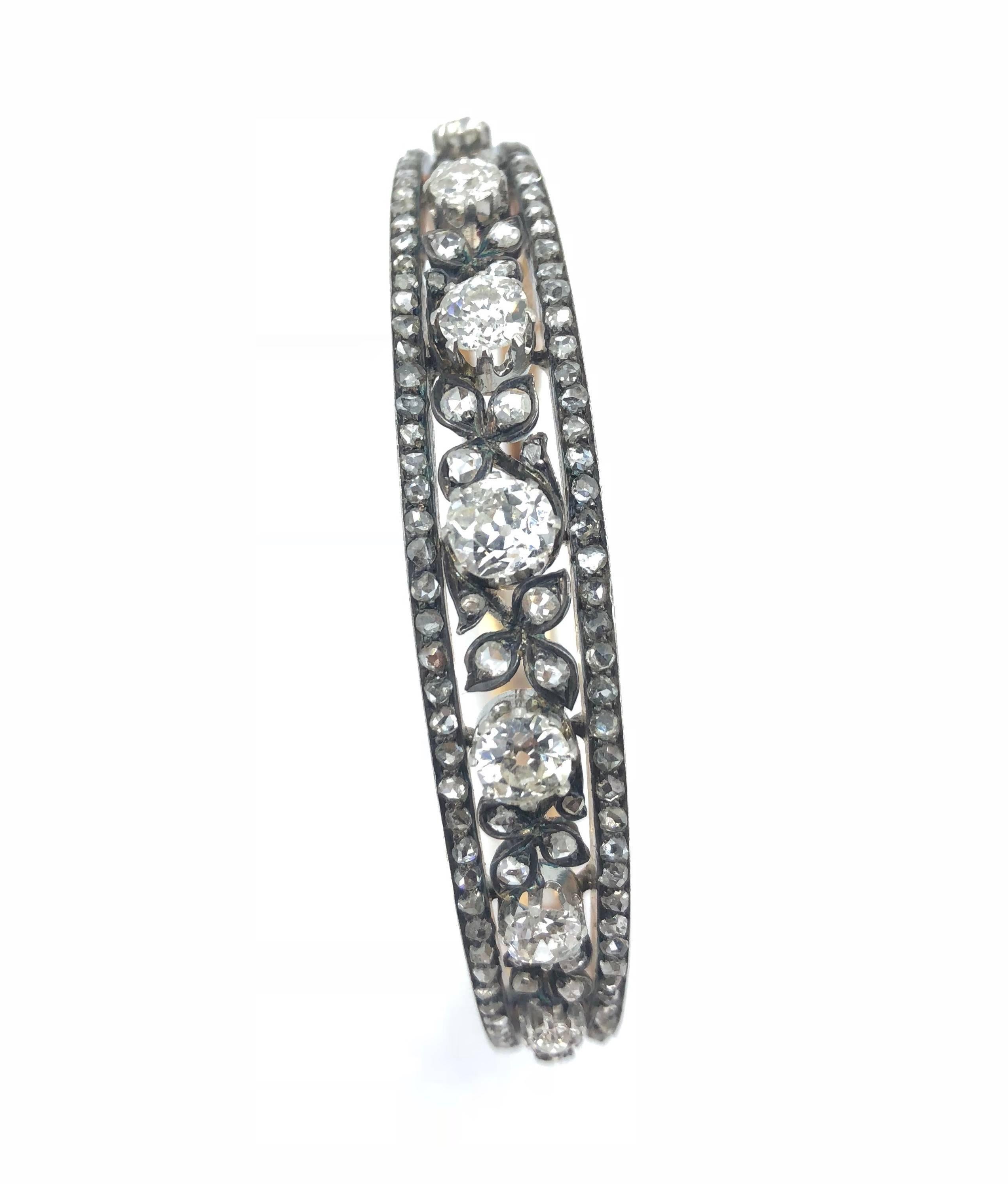 Old Mine Cut 19th Century Old and Rose Cut Diamond Bangle Bracelet For Sale