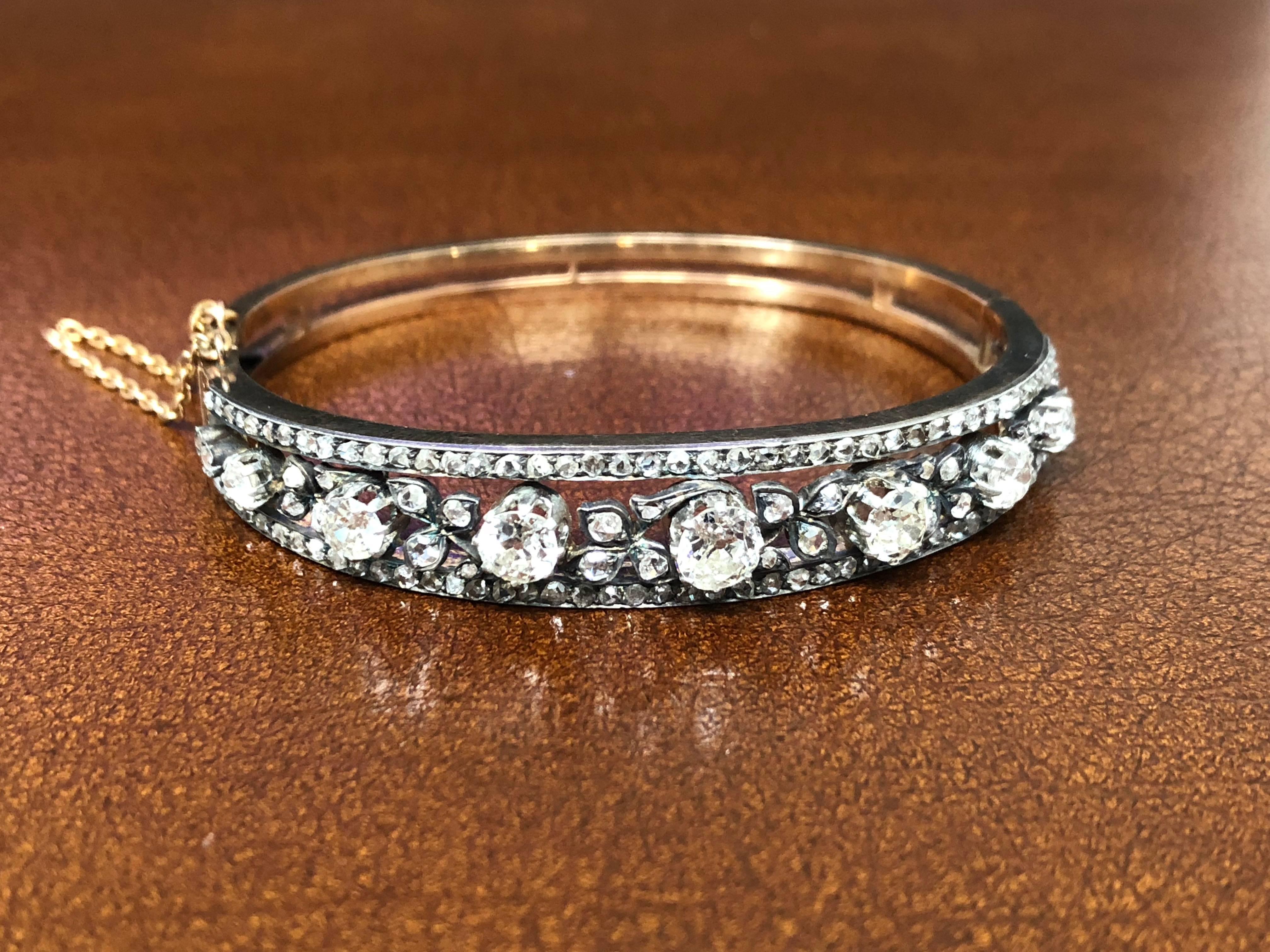 Women's 19th Century Old and Rose Cut Diamond Bangle Bracelet For Sale