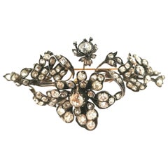 Antique 19th Century Old Cut Diamonds, Silver and 18 Karat Yellow Gold Floral Brooch