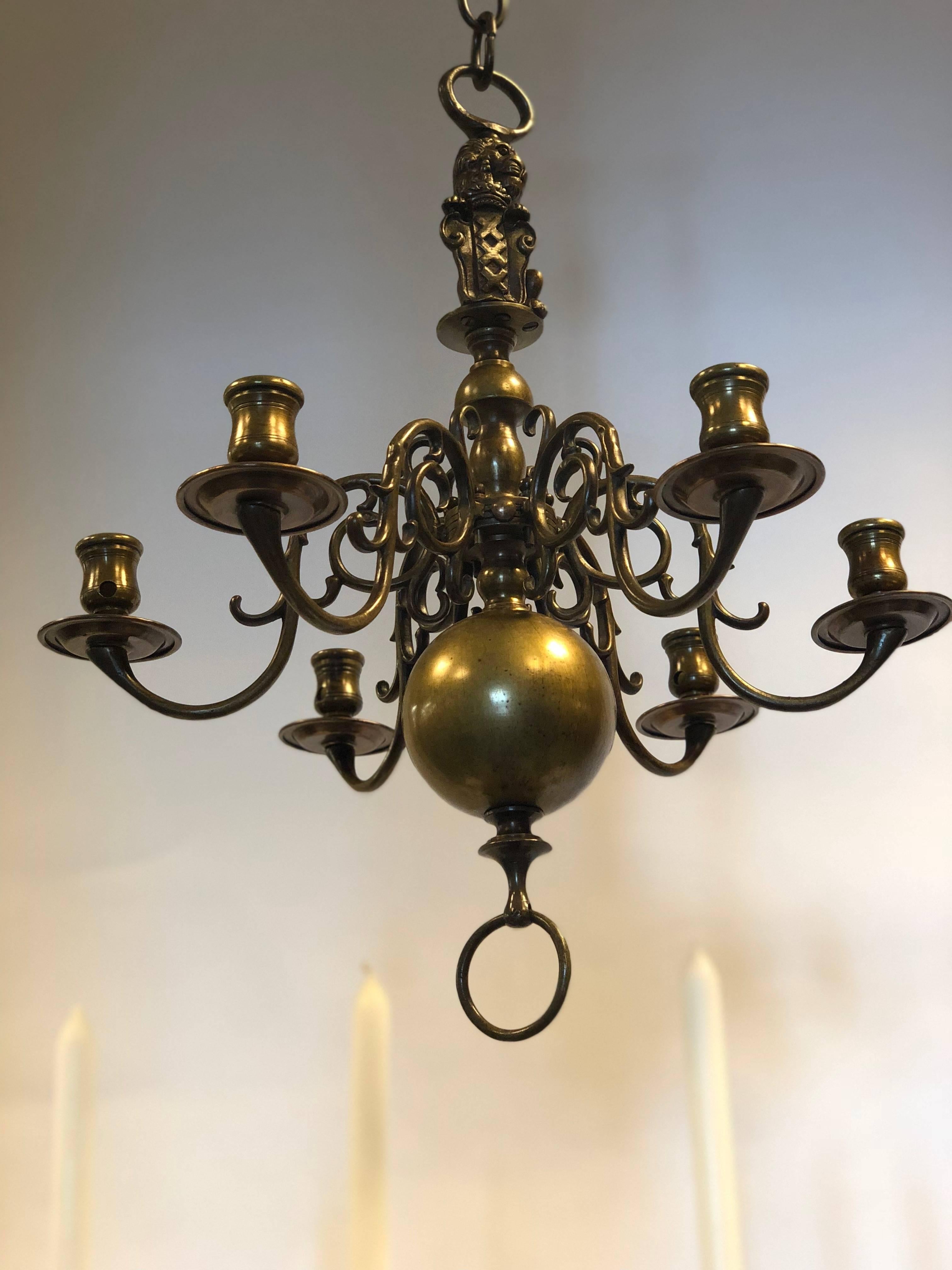 Bronze 19th Century Old Dutch Chandelier with Matching Two-Light Candleholder For Sale