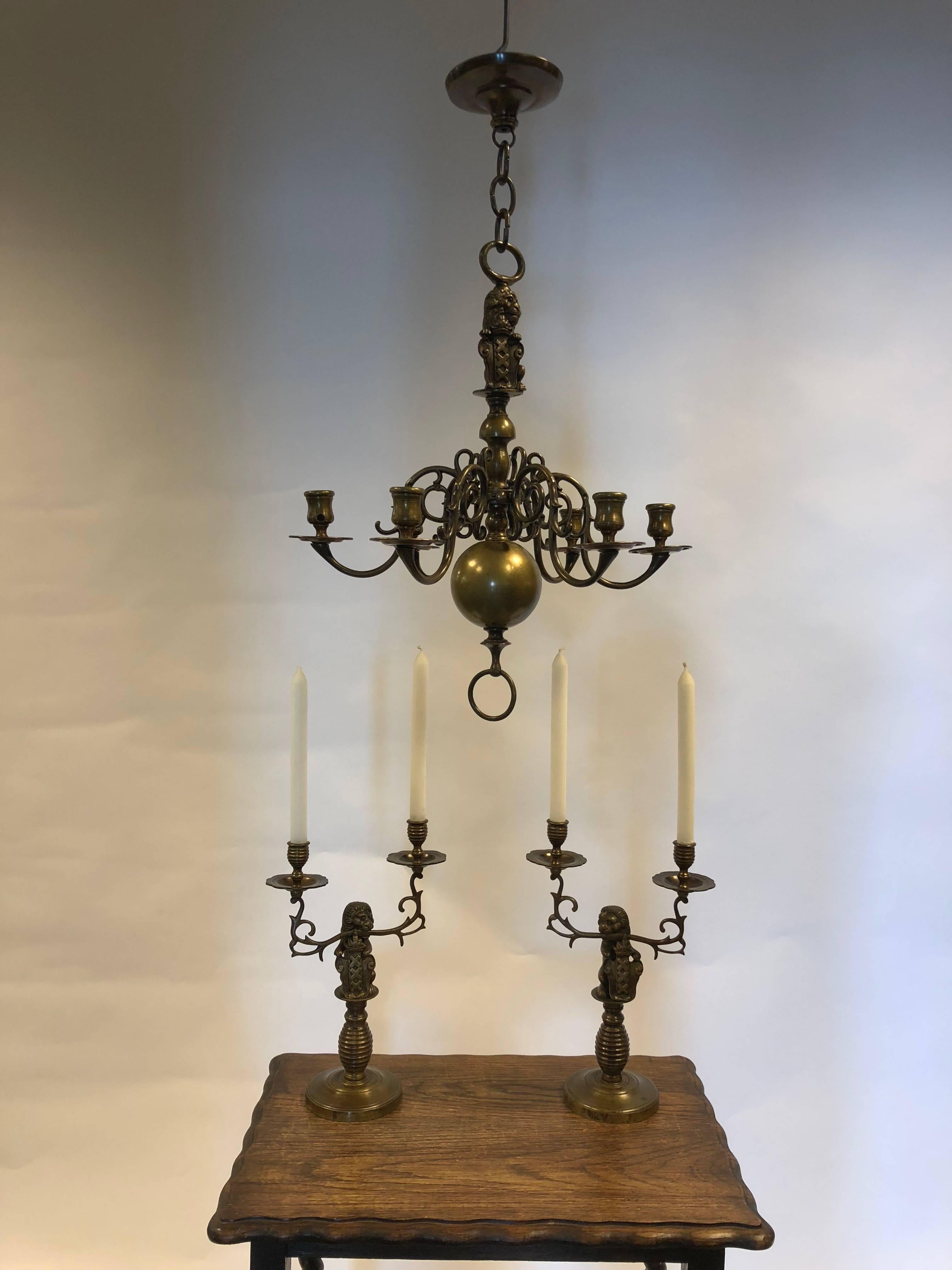 19th Century Old Dutch Chandelier with Matching Two-Light Candleholder For Sale 1