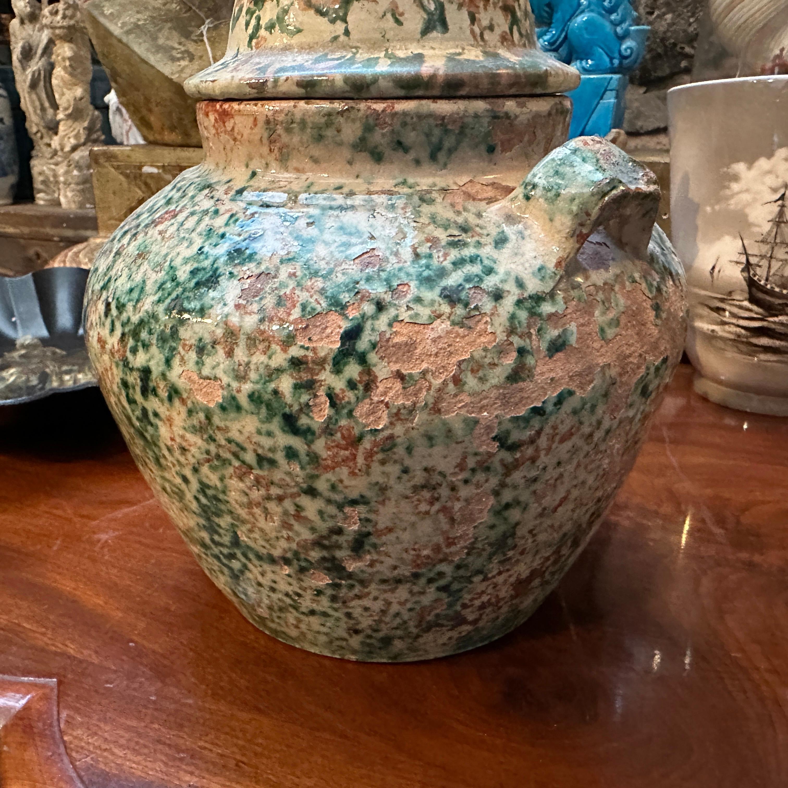 Arte popolare Antico contenitore per sale siciliano in ceramica dipinta a mano del XIX secolo in vendita