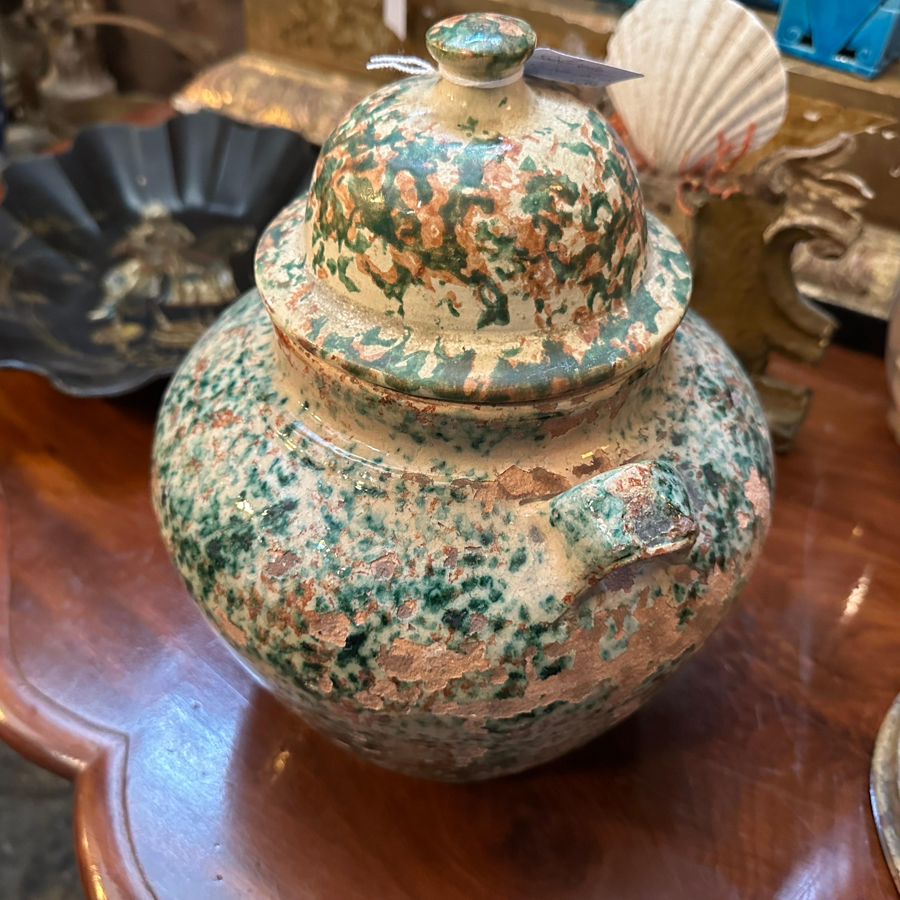 Siciliano Antico contenitore per sale siciliano in ceramica dipinta a mano del XIX secolo in vendita