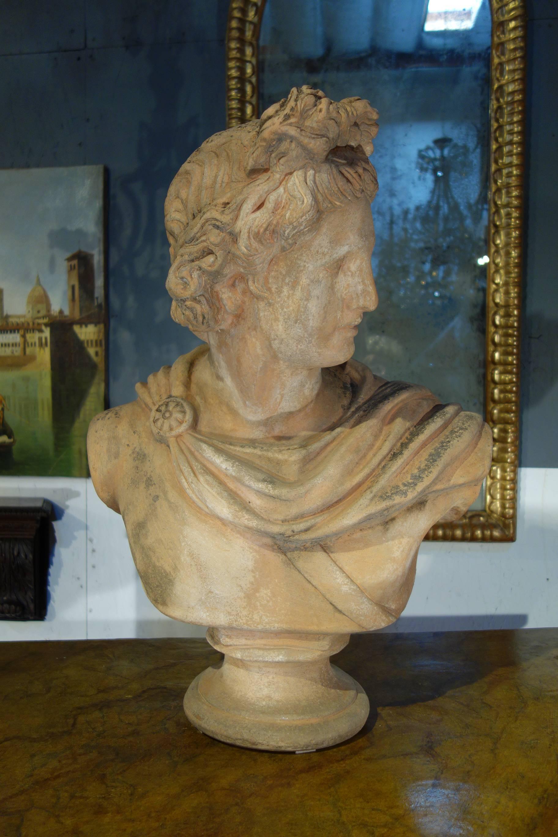 Classical Roman 19th Century Renaissance Style Old Impruneta Terracotta Diana Bust from Florence